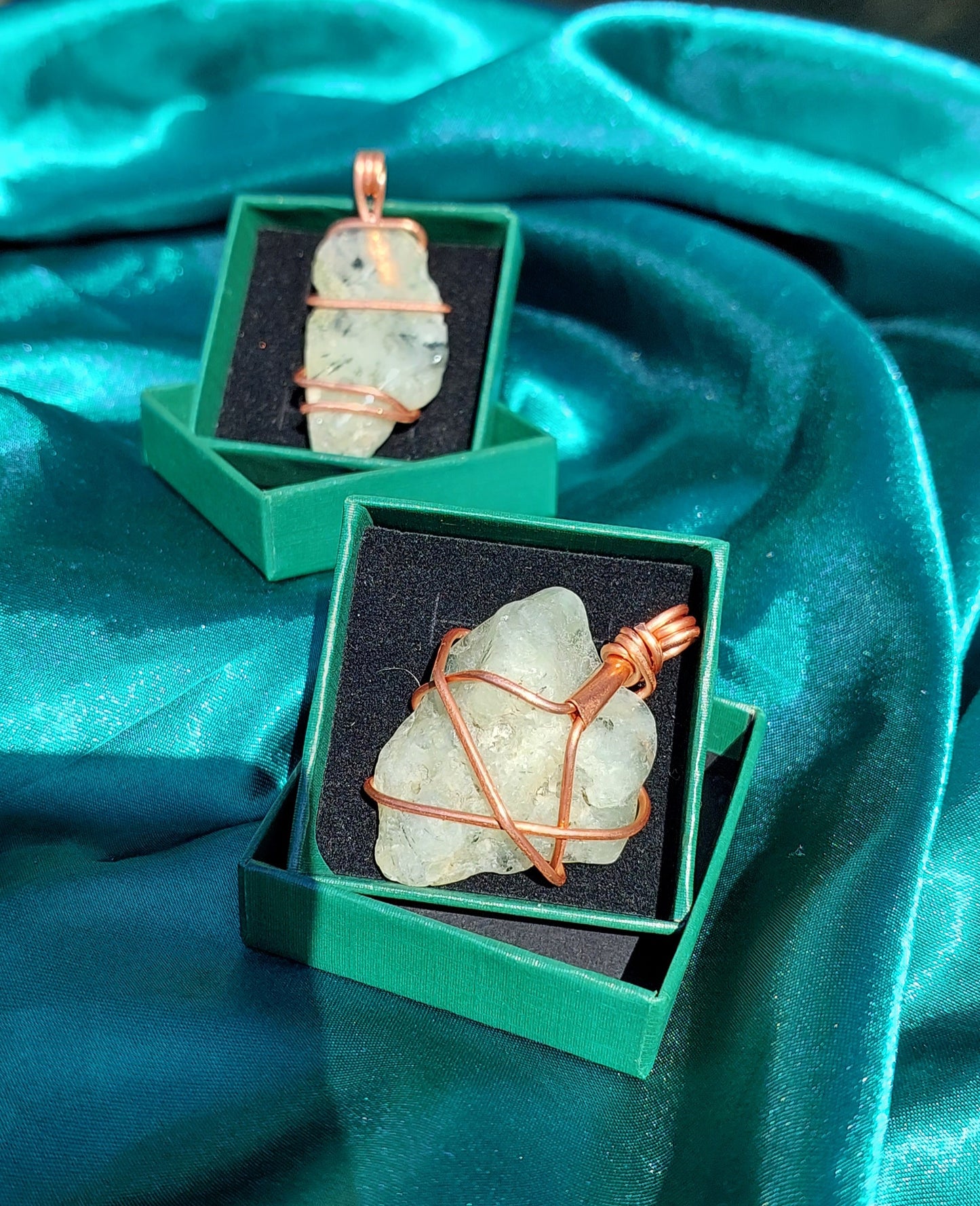 Ethereal Connection: Copper Wrapped Prehnite Pendant Collection