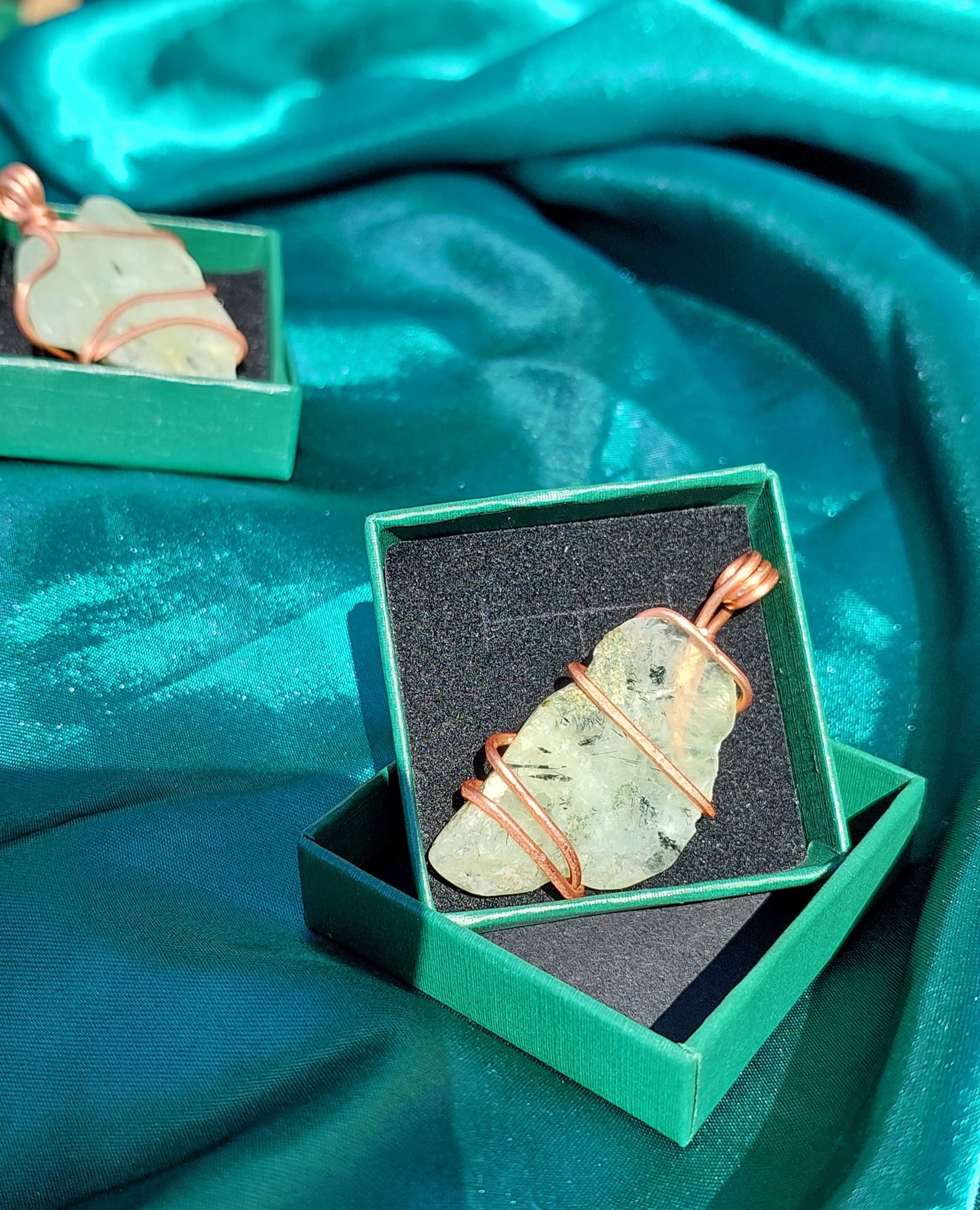 Ethereal Connection: Copper Wrapped Prehnite Pendant Collection