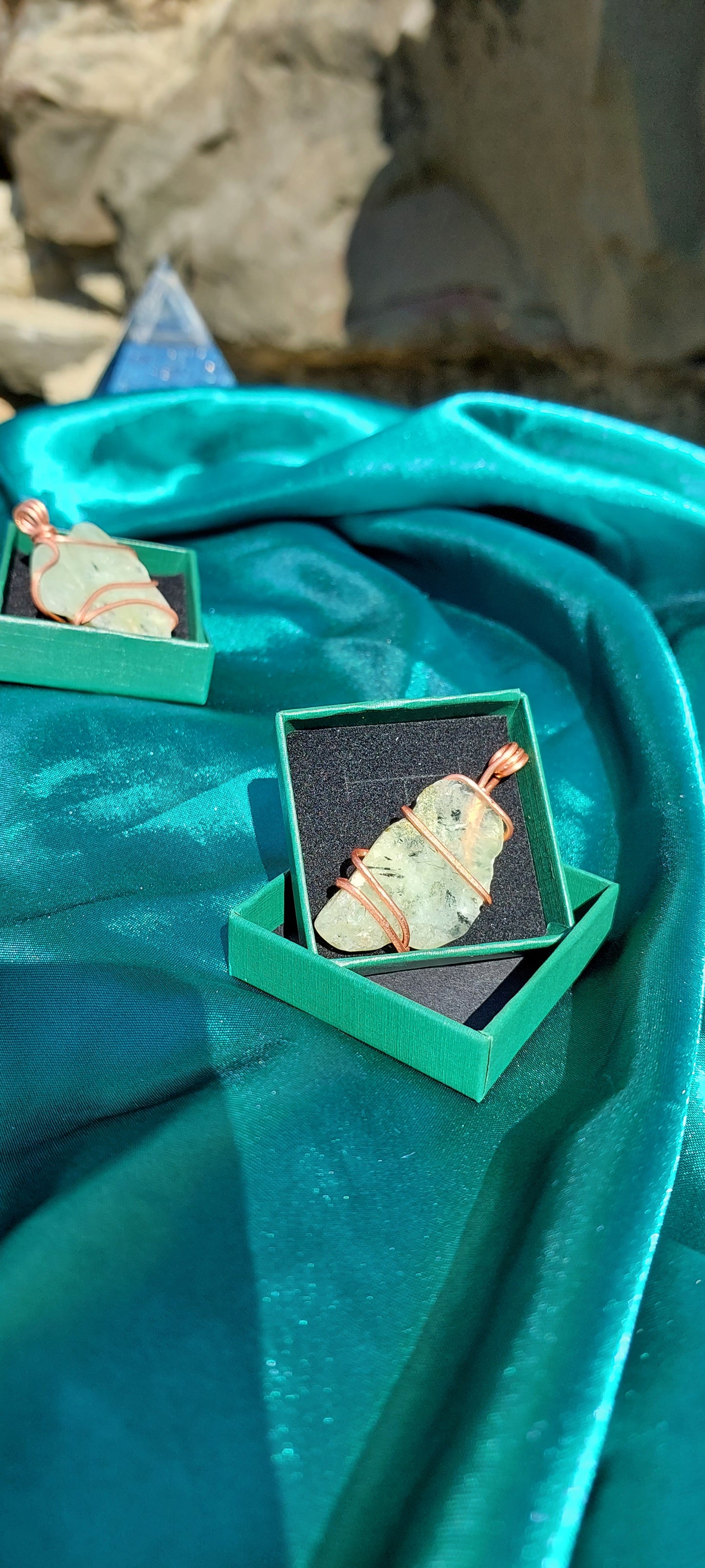 Ethereal Connection: Copper Wrapped Prehnite Pendant Collection