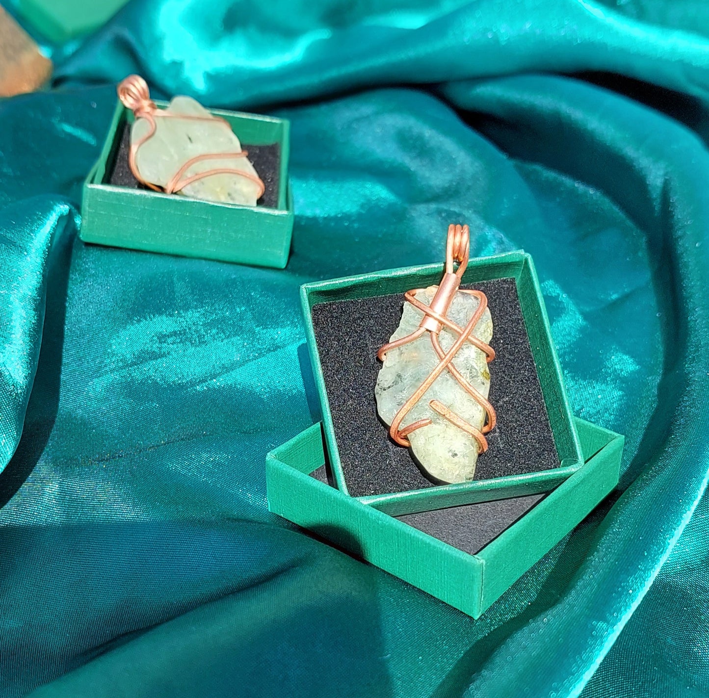 Ethereal Connection: Copper Wrapped Prehnite Pendant Collection