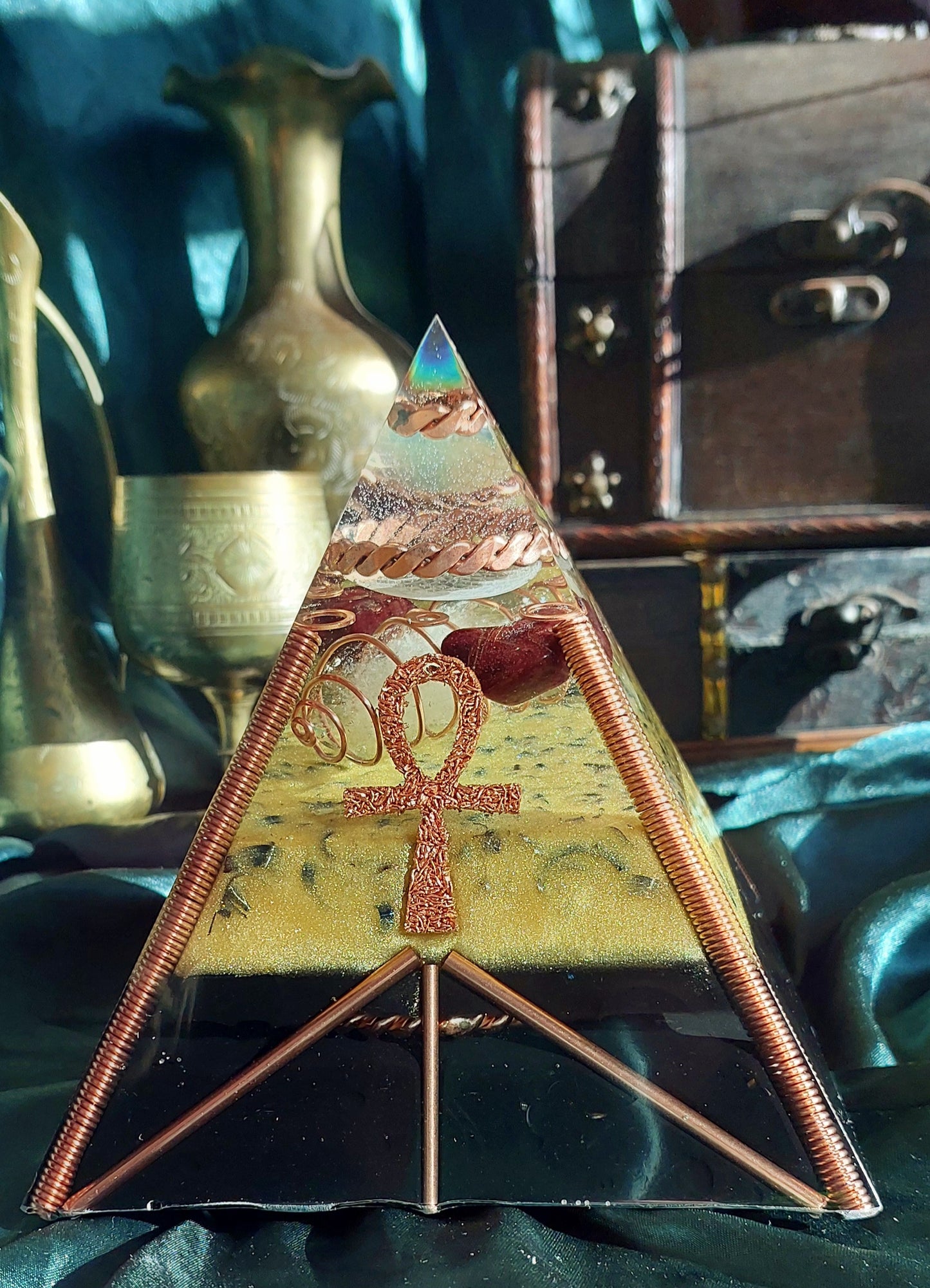 Large Quartz & Red Garnet Orgonite Pyramid with Sacred Cubit Tensor Ring