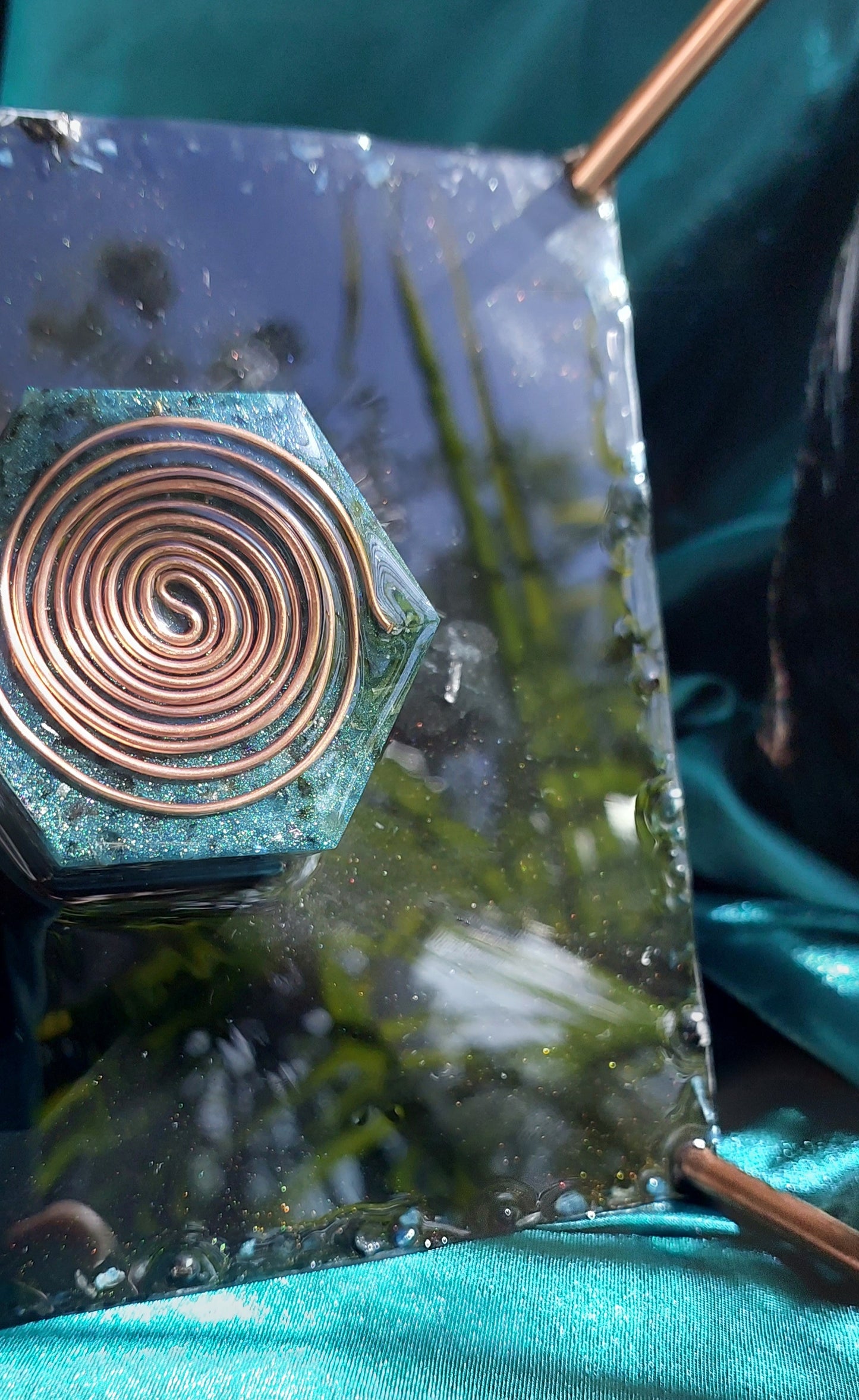Grand Ascension - Blue Apatite & Black Obsidian Orgonite Pyramid with Copper Stand Legs