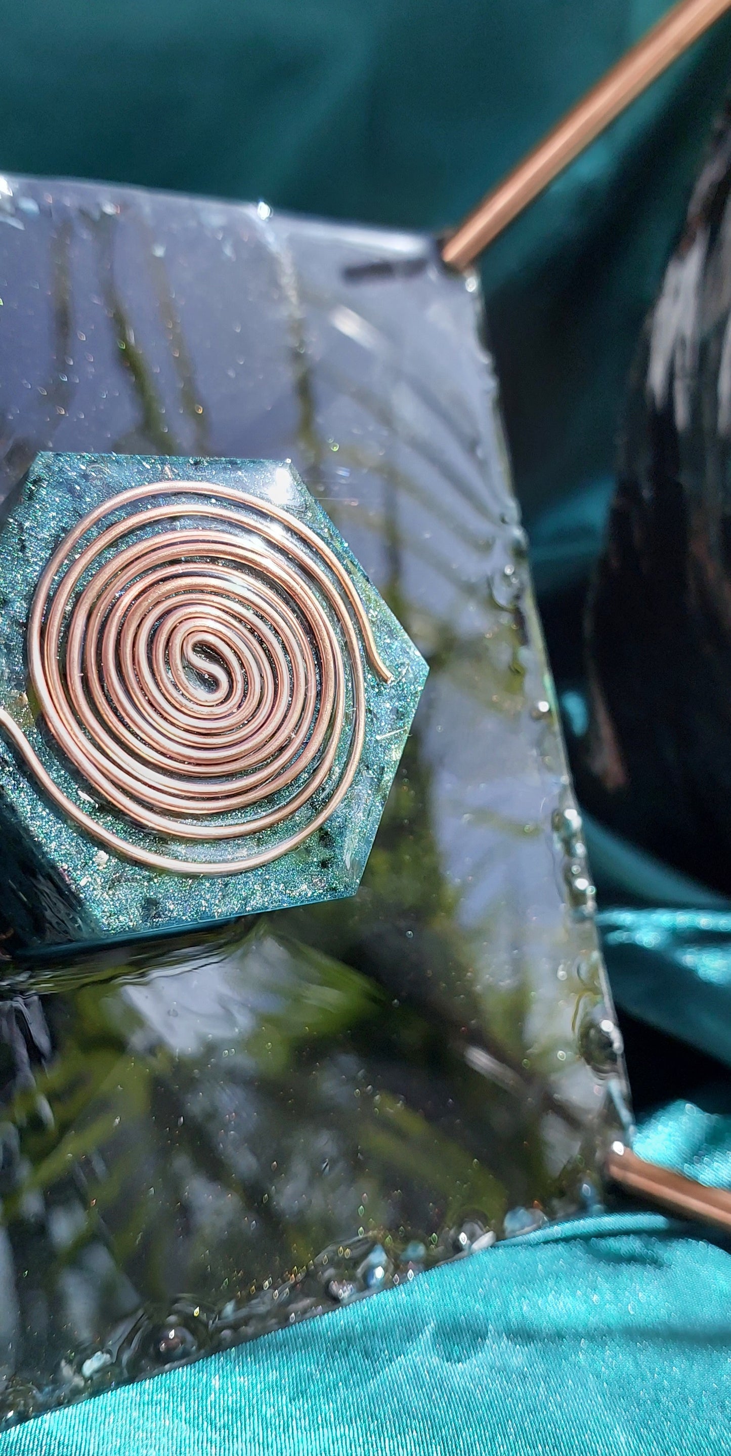 Grand Ascension - Blue Apatite & Black Obsidian Orgonite Pyramid with Copper Stand Legs