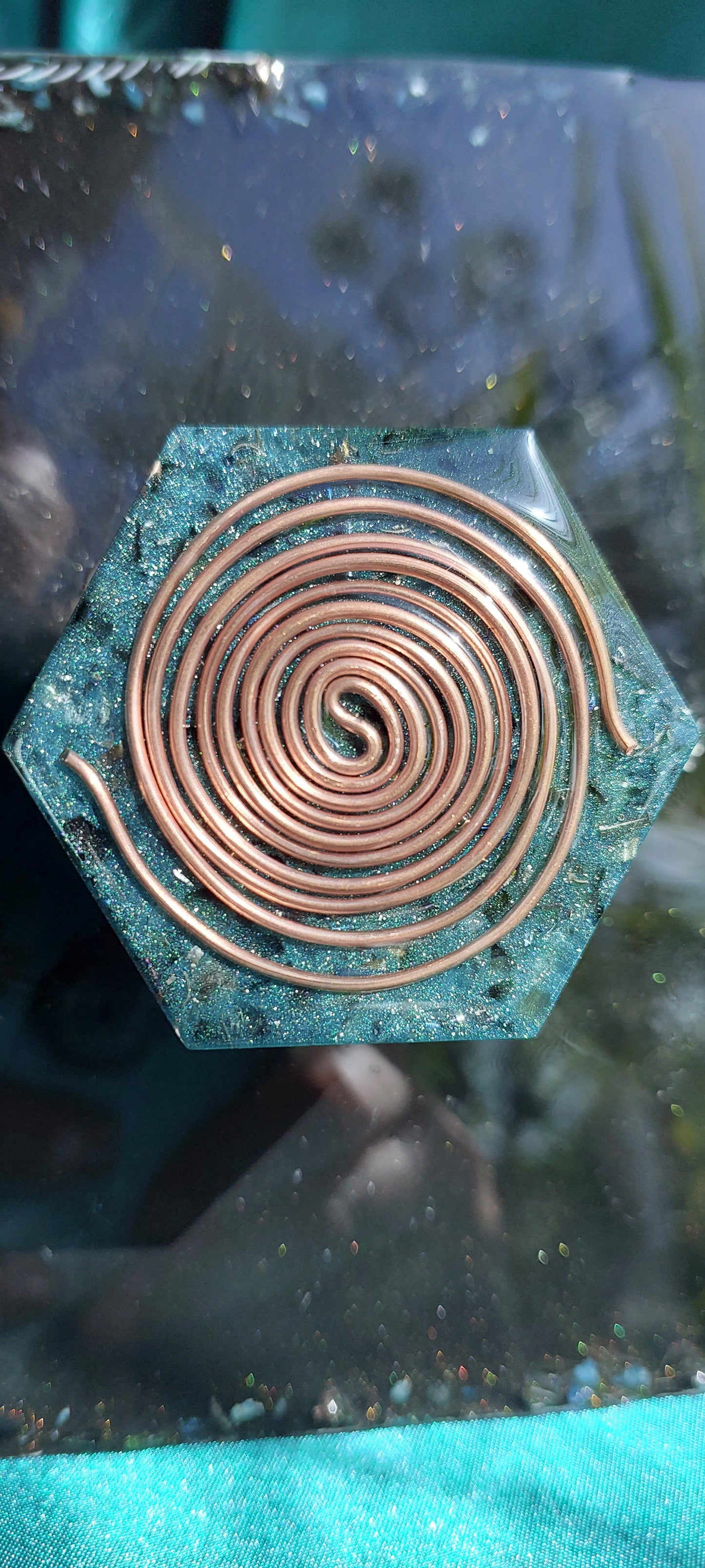 Grand Ascension - Blue Apatite & Black Obsidian Orgonite Pyramid with Copper Stand Legs