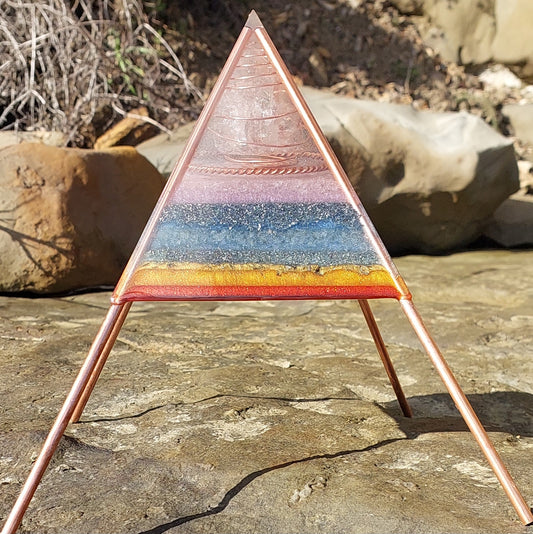 Eternal Radiance - Quartz & Rainbow Metraton's Cube Orgonite Pyramid with Copper Stand Legs