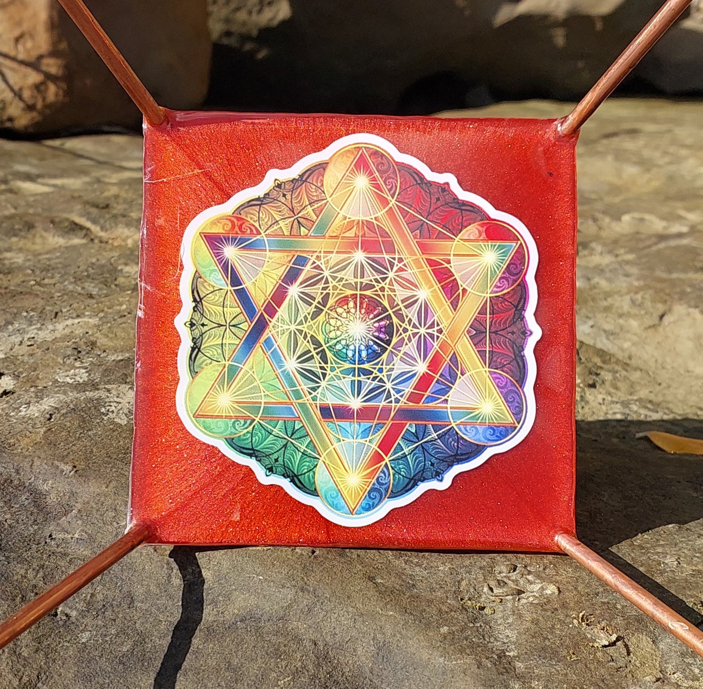 Eternal Radiance - Quartz & Rainbow Metraton's Cube Orgonite Pyramid with Copper Stand Legs