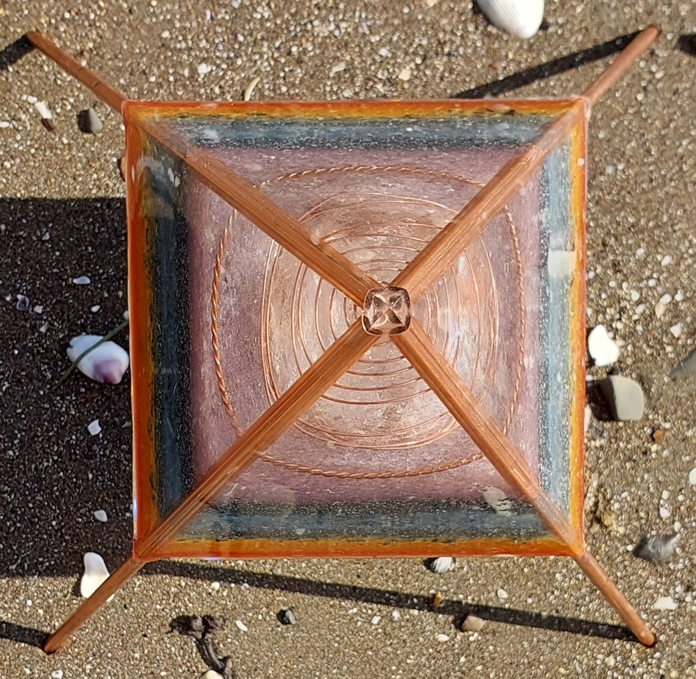 Eternal Radiance - Quartz & Rainbow Metraton's Cube Orgonite Pyramid with Copper Stand Legs