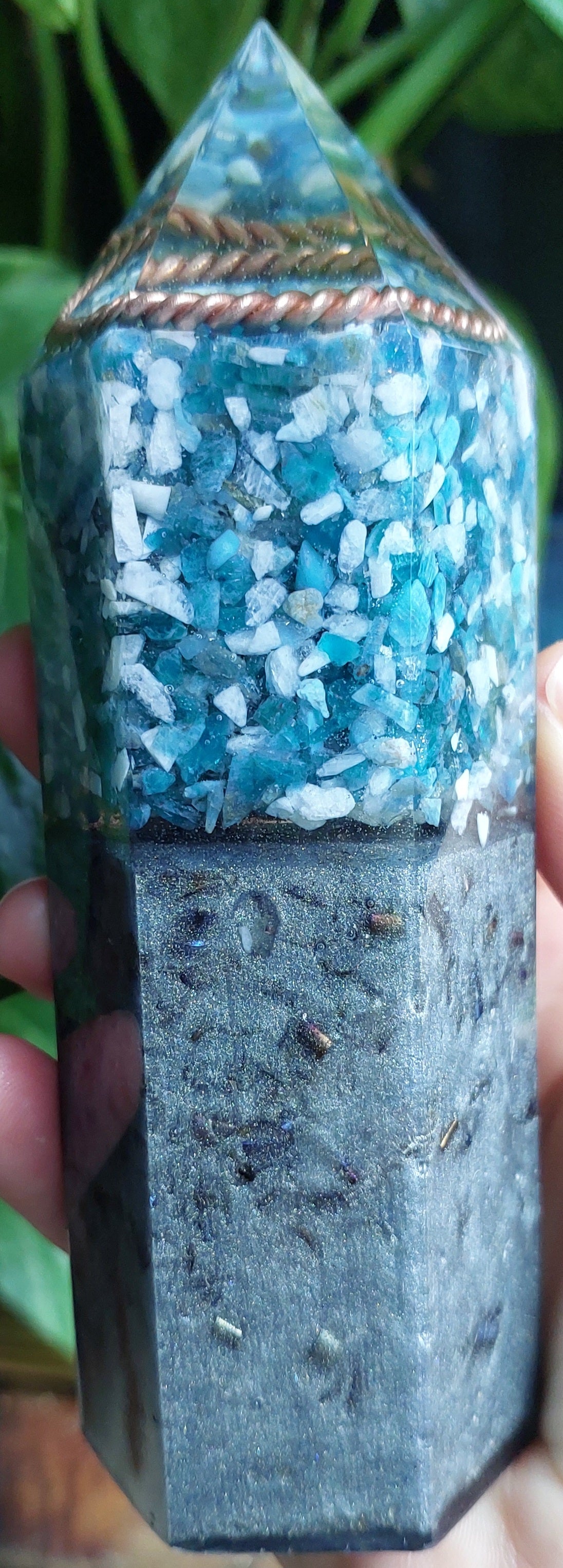 Luminous Pinnacle - Moonstone & Blue Apatite Orgonite Obelisk with Atlantis Tensor Ring