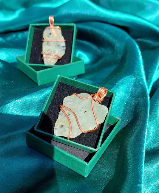 Ethereal Connection: Copper Wrapped Prehnite Pendant Collection