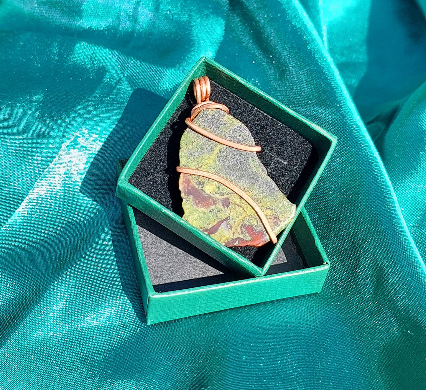 Verdant Spirit - Copper-Wrapped Dragon Blood Jasper Pendant Collection