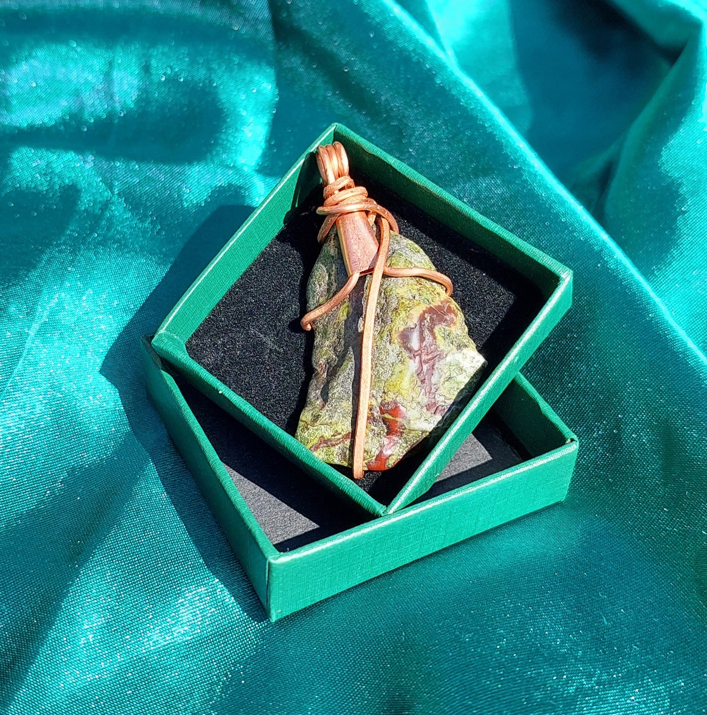 Verdant Spirit - Copper-Wrapped Dragon Blood Jasper Pendant Collection