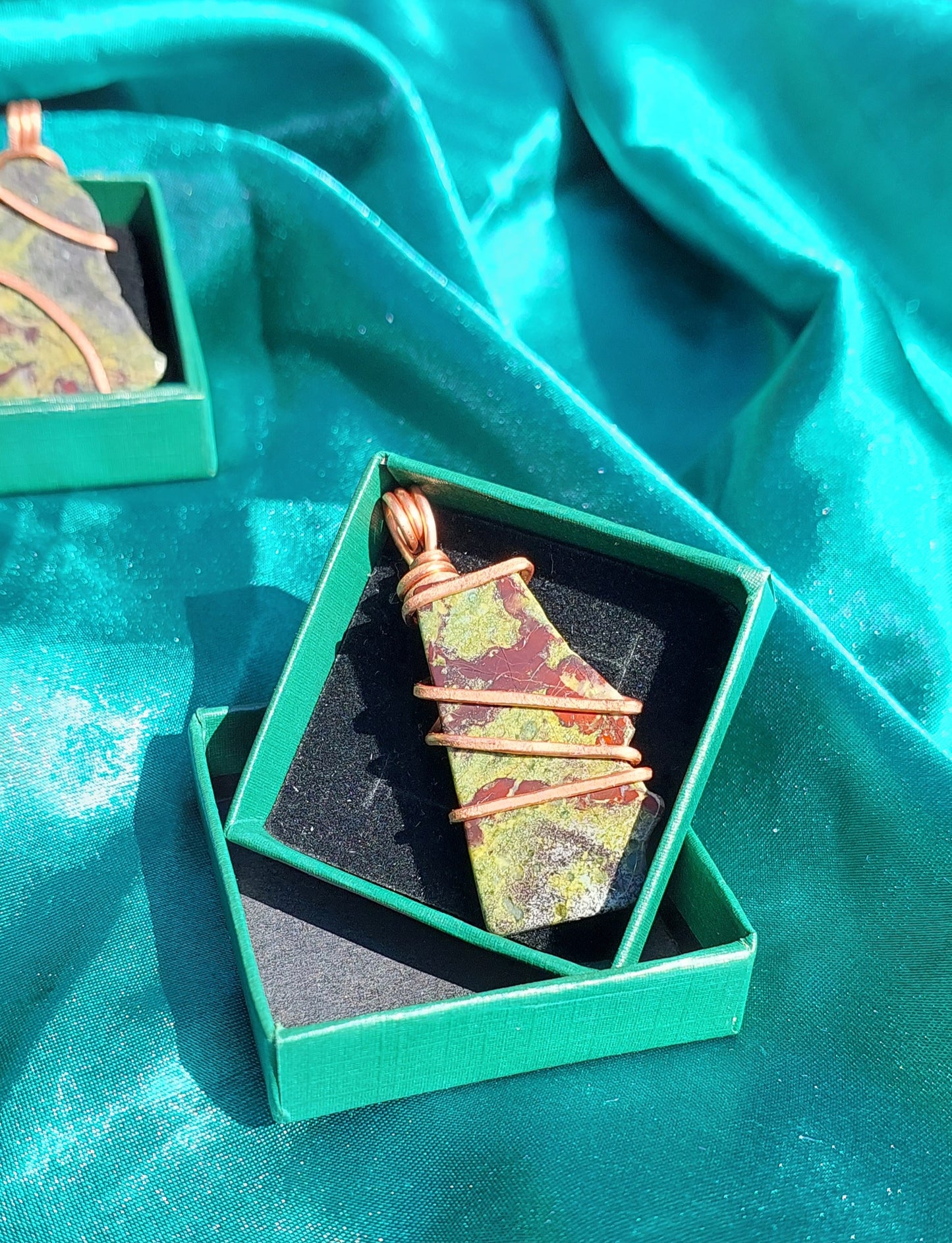 Verdant Spirit - Copper-Wrapped Dragon Blood Jasper Pendant Collection