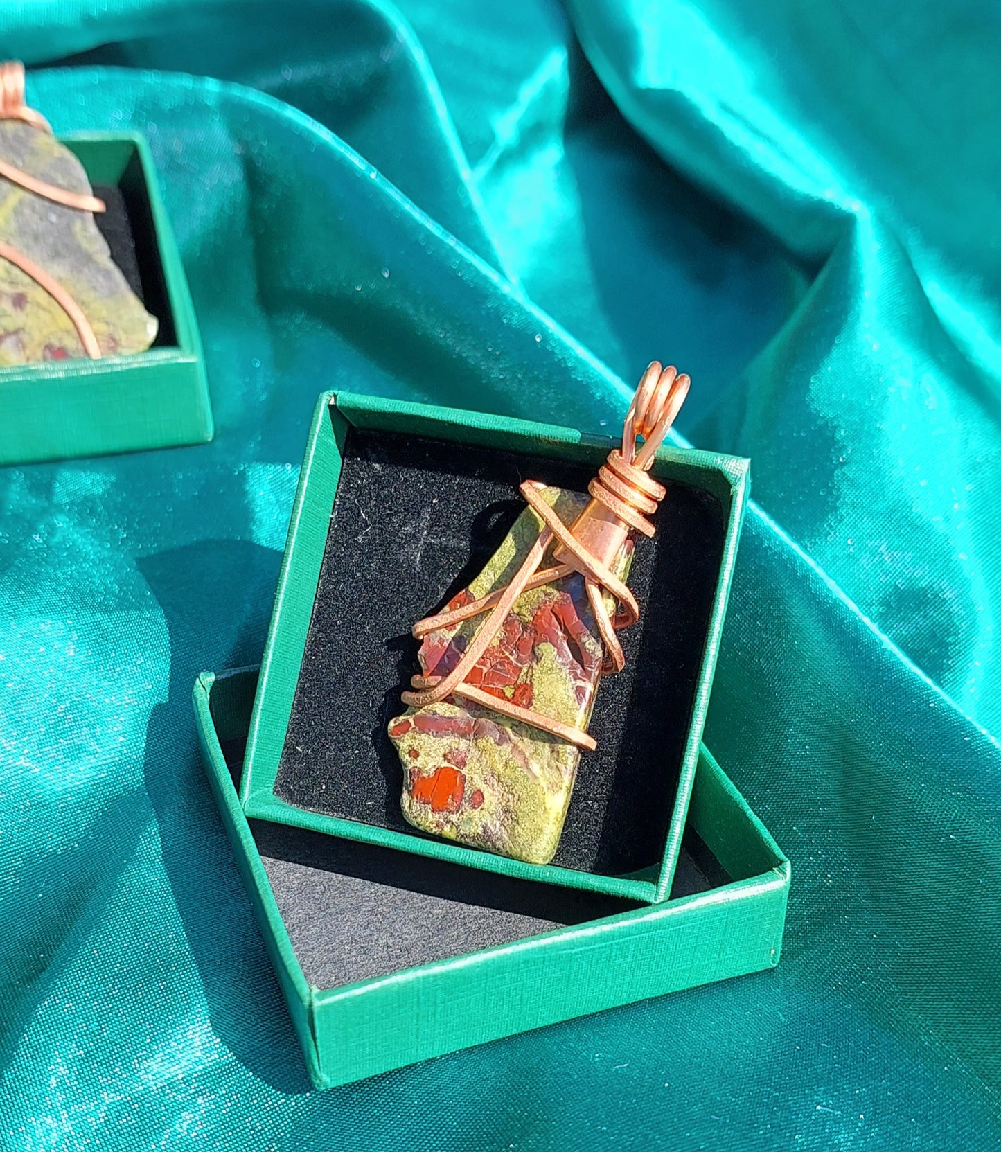 Verdant Spirit - Copper-Wrapped Dragon Blood Jasper Pendant Collection