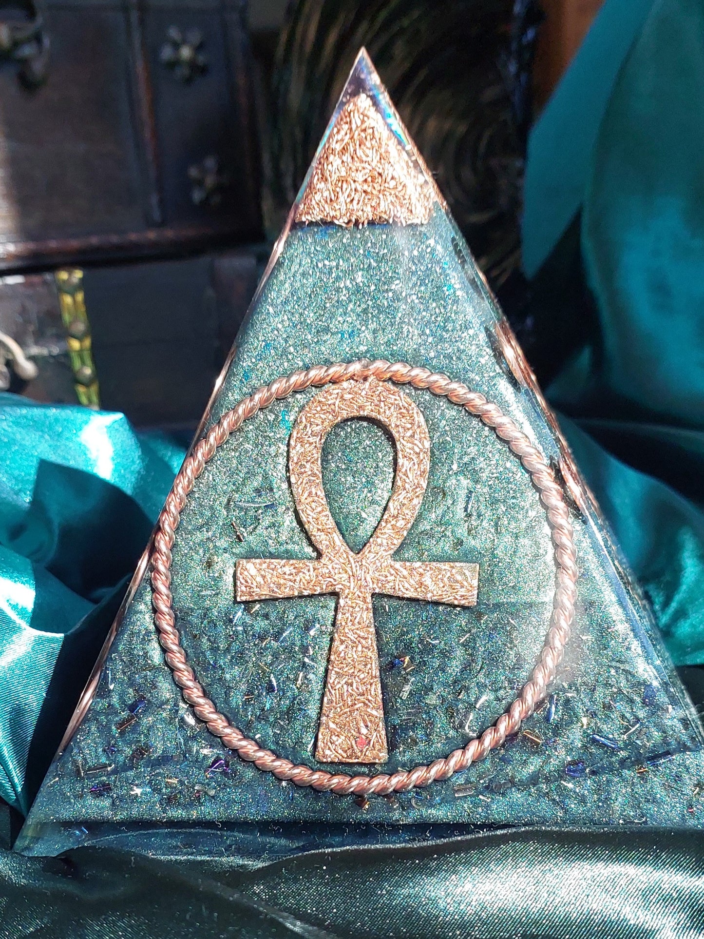 Large Green & Copper Orgonite Pyramid - Masterpiece Edition