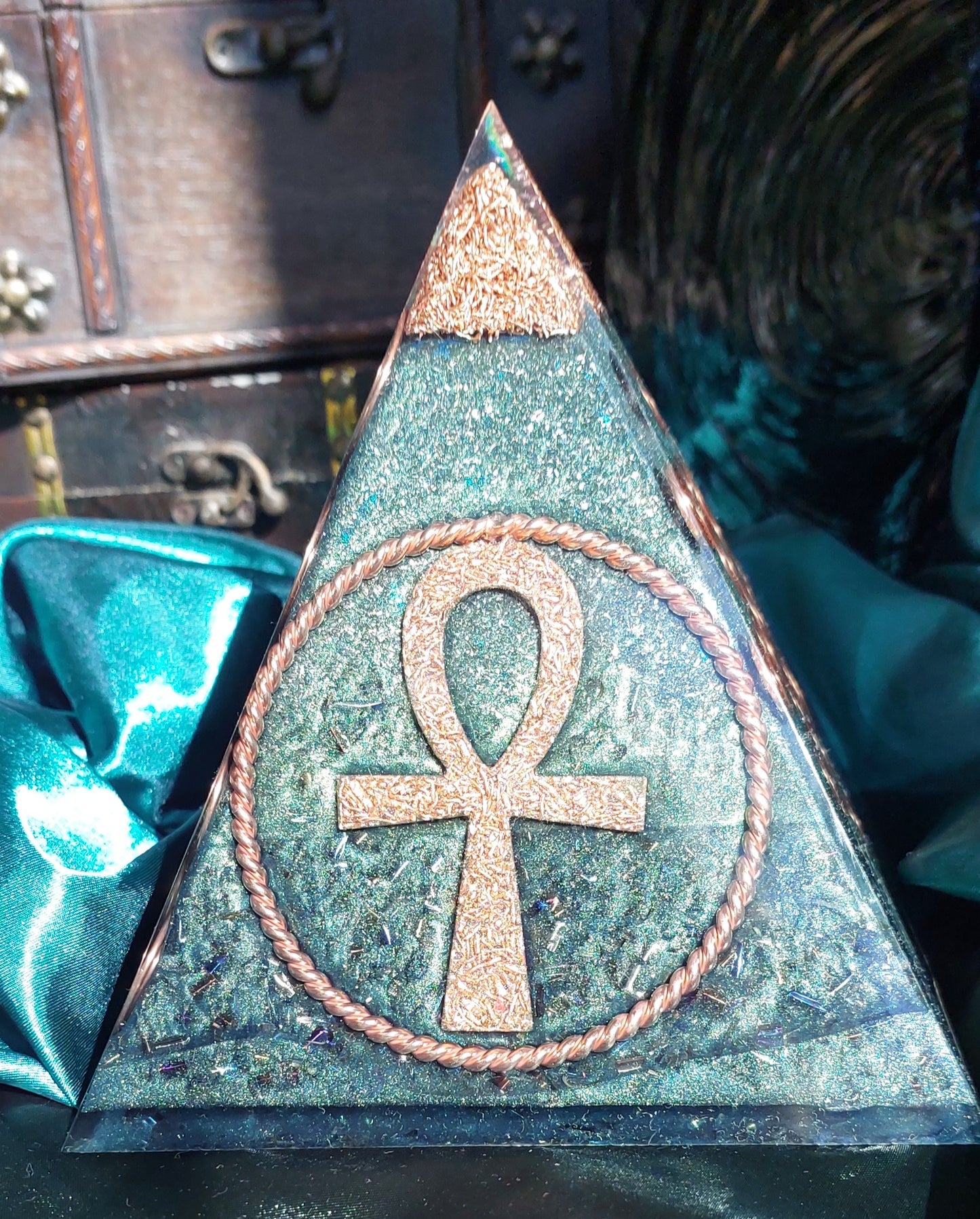 Large Green & Copper Orgonite Pyramid - Masterpiece Edition