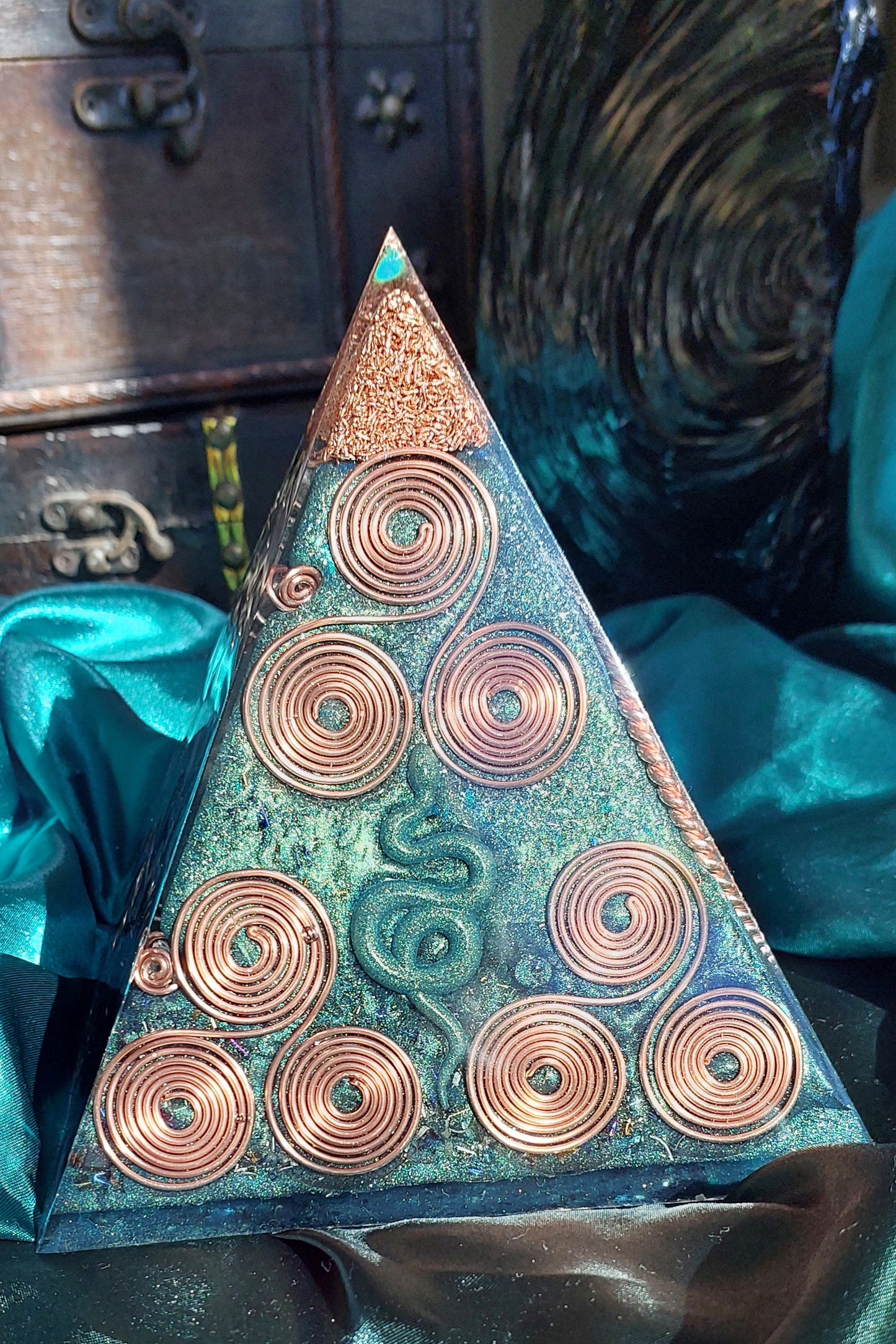 Large Green & Copper Orgonite Pyramid - Masterpiece Edition