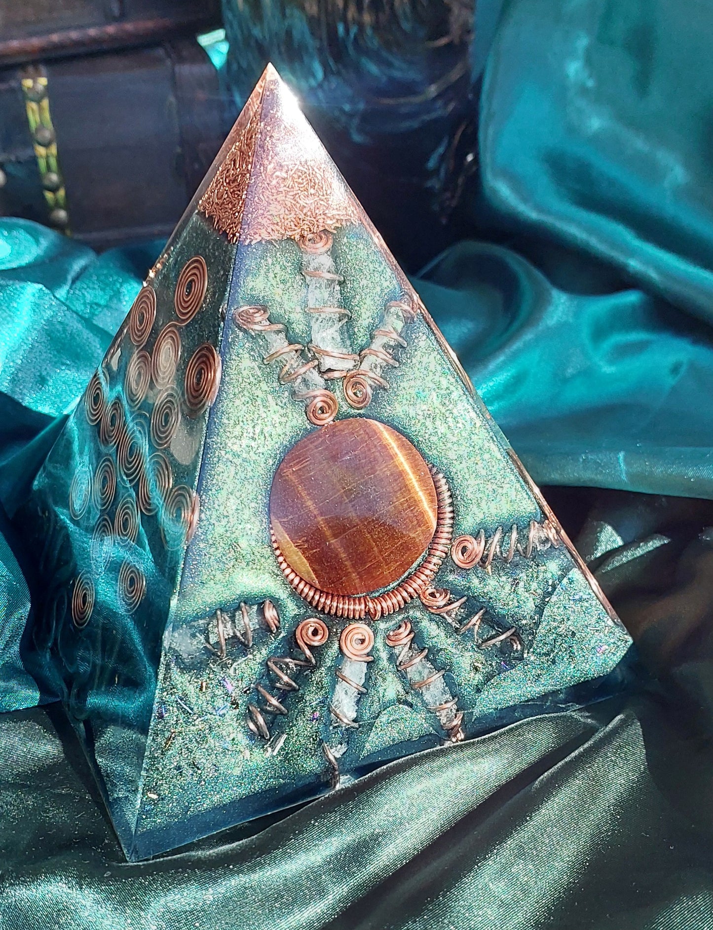 Large Green & Copper Orgonite Pyramid - Masterpiece Edition
