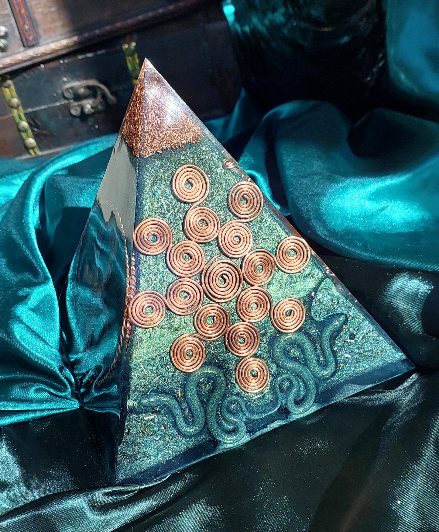 Large Green & Copper Orgonite Pyramid - Masterpiece Edition