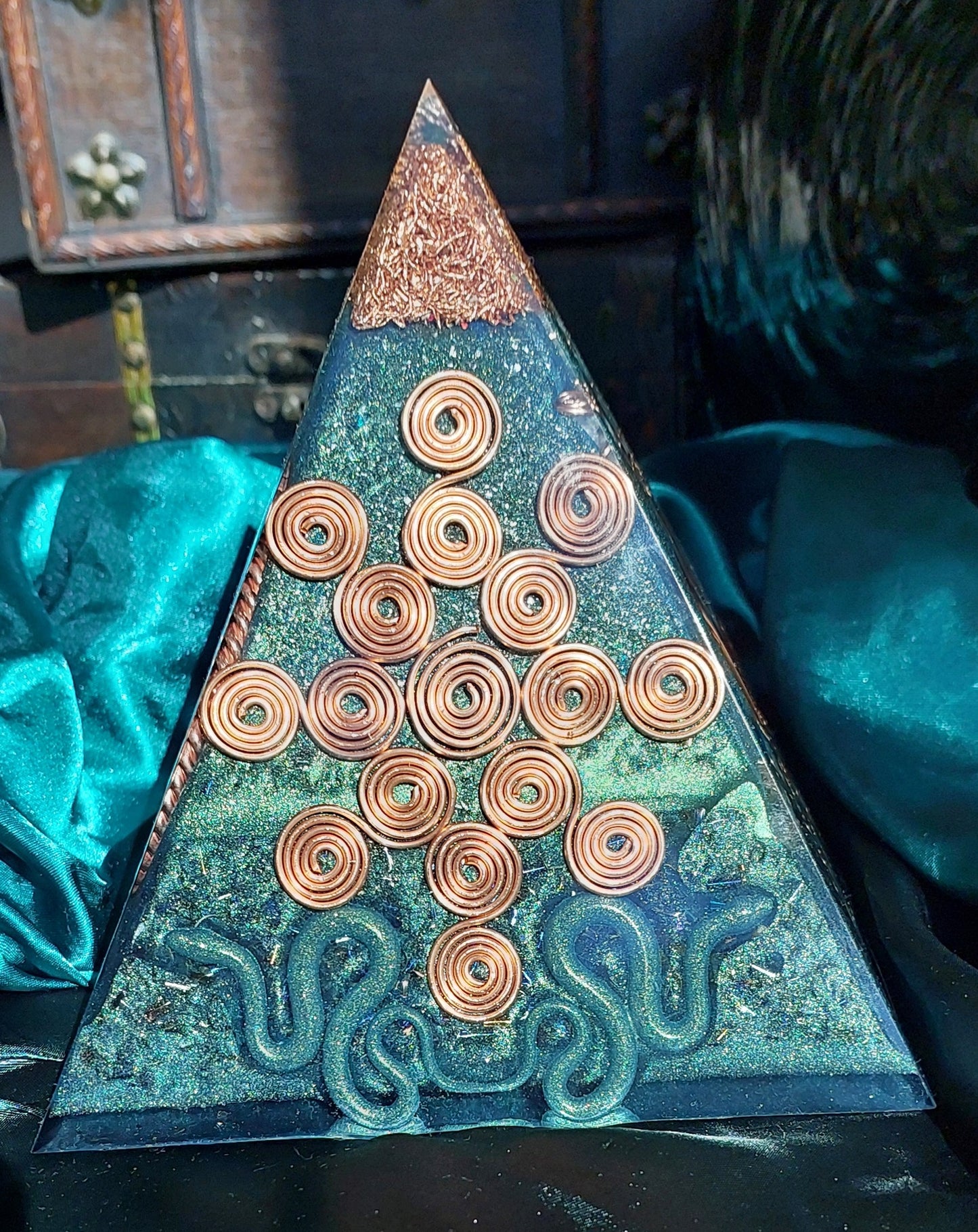 Large Green & Copper Orgonite Pyramid - Masterpiece Edition