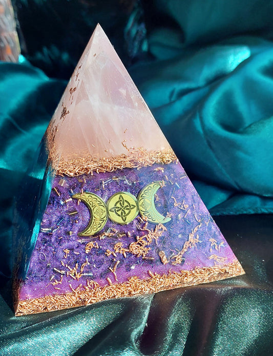 Medium Rose Quartz Orgonite Pyramid - Wicca & Flower of Life