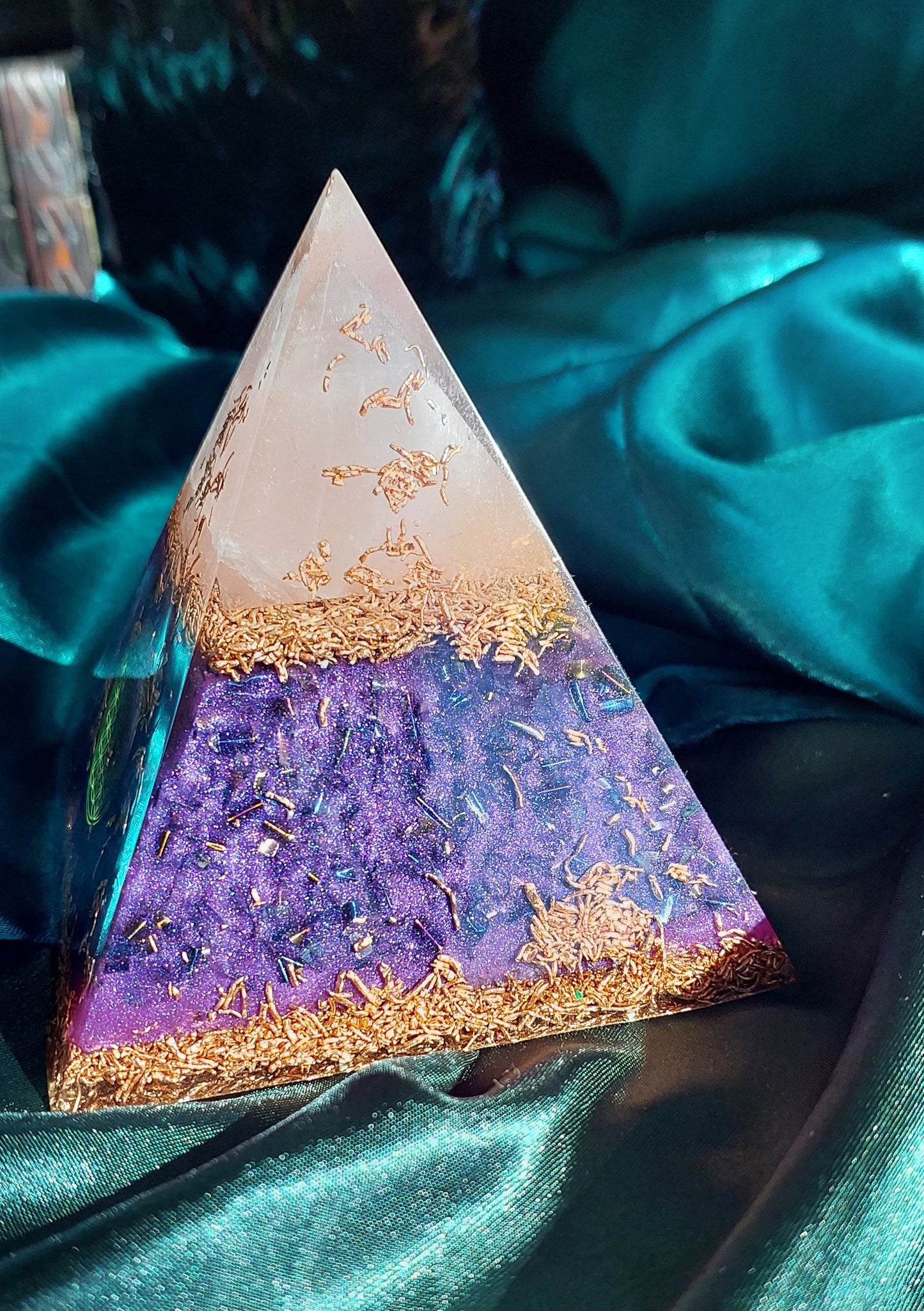 Medium Rose Quartz Orgonite Pyramid - Wicca & Flower of Life