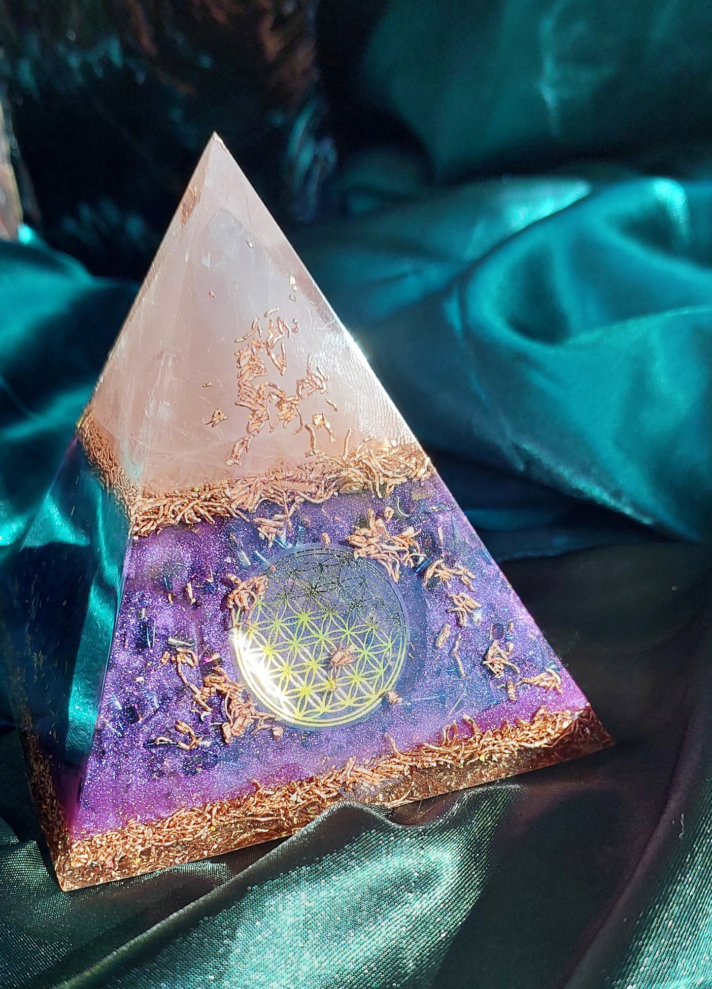 Medium Rose Quartz Orgonite Pyramid - Wicca & Flower of Life