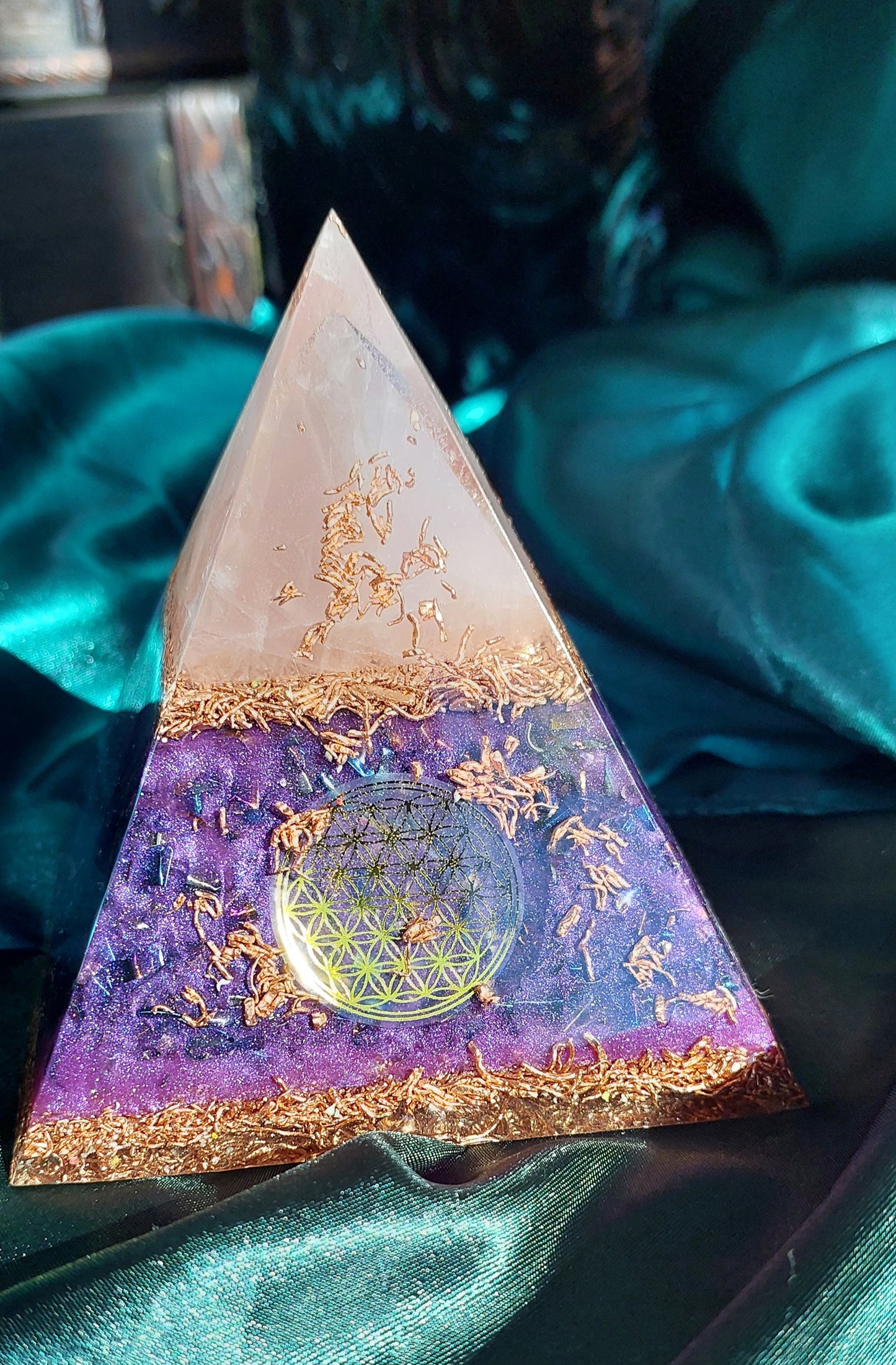 Medium Rose Quartz Orgonite Pyramid - Wicca & Flower of Life