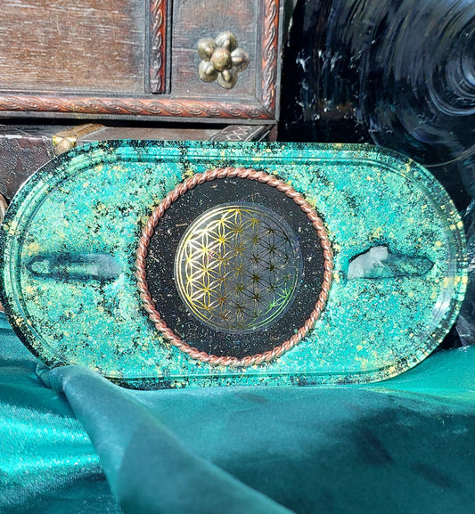 Orgonite Charging Plate - Green & Gold with Flower of Life
