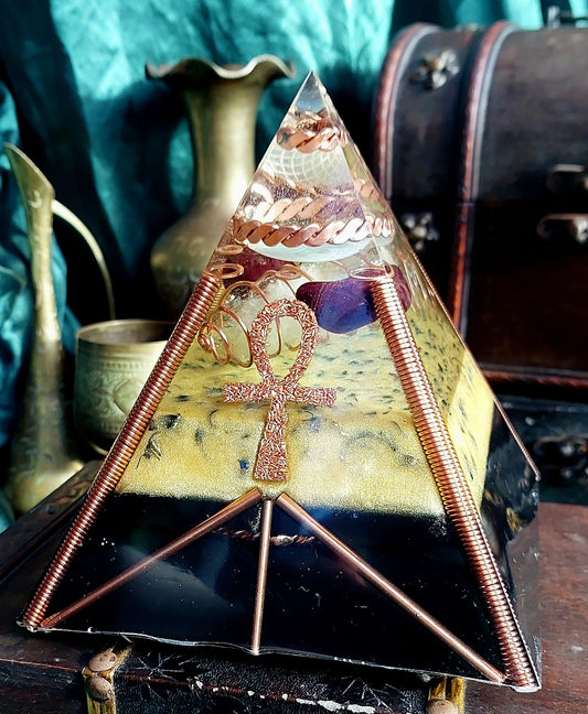 Large Quartz & Red Garnet Orgonite Pyramid with Sacred Cubit Tensor Ring - The Soulful Garden
