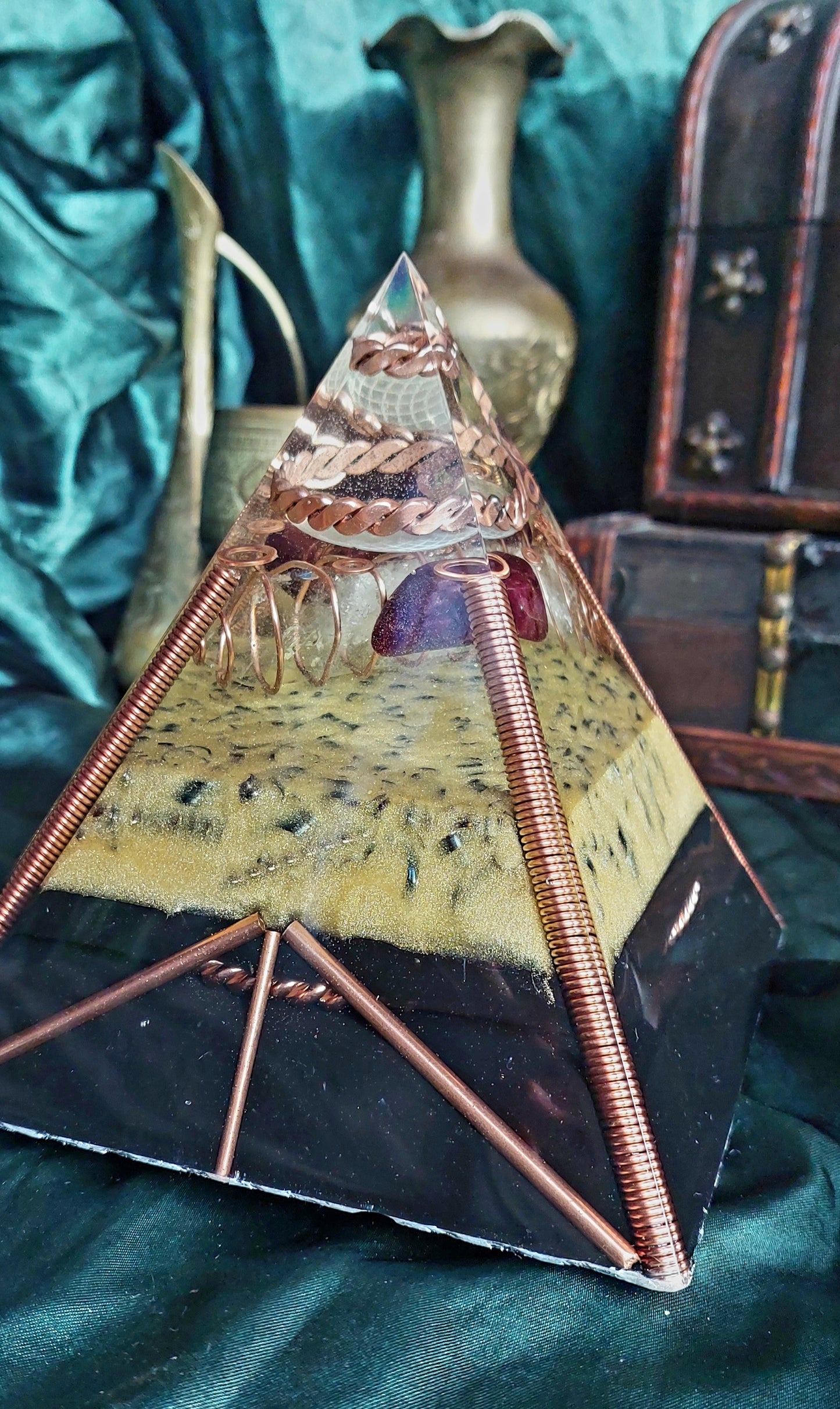 Large Quartz & Red Garnet Orgonite Pyramid with Sacred Cubit Tensor Ring