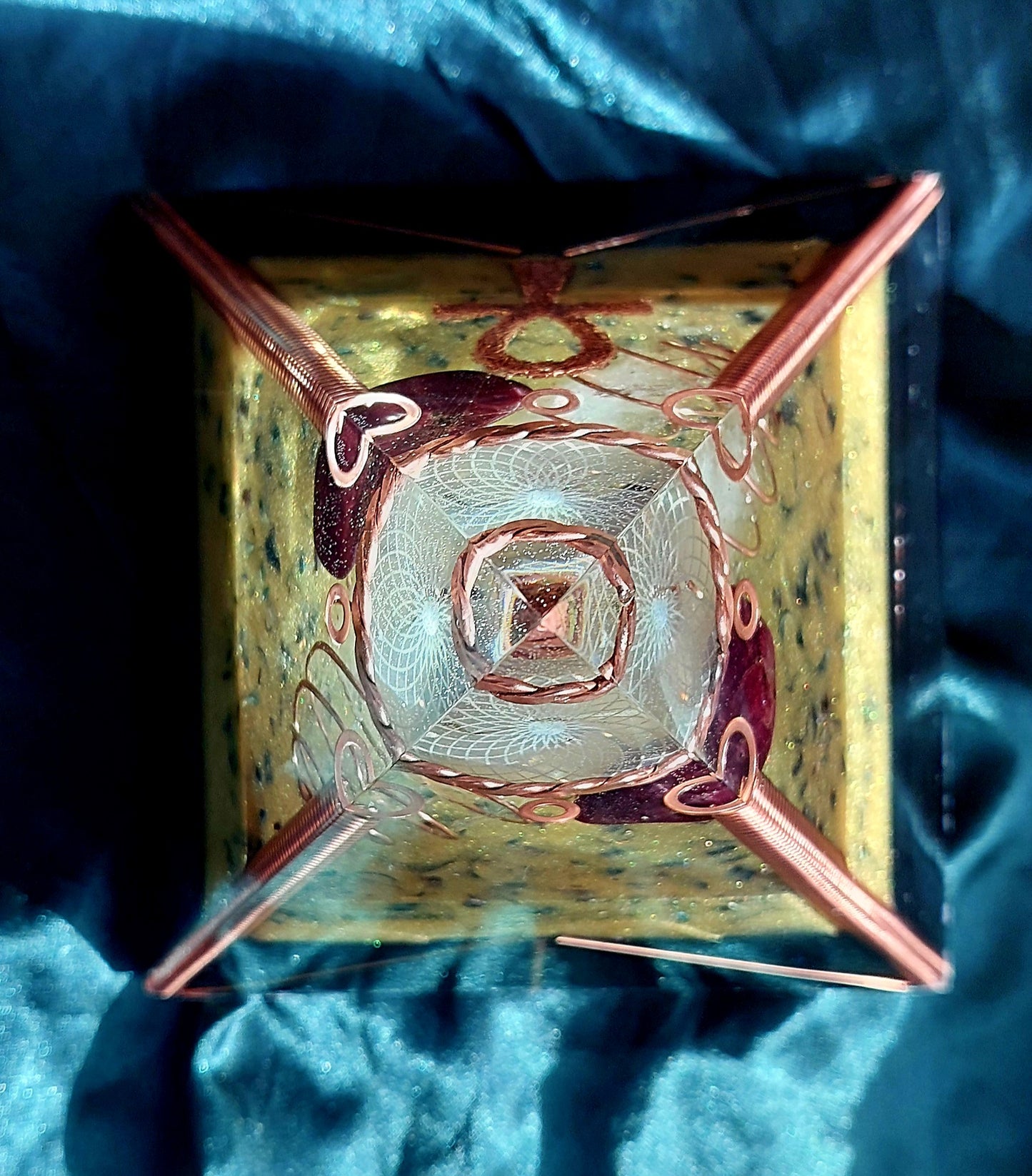 Large Quartz & Red Garnet Orgonite Pyramid with Sacred Cubit Tensor Ring
