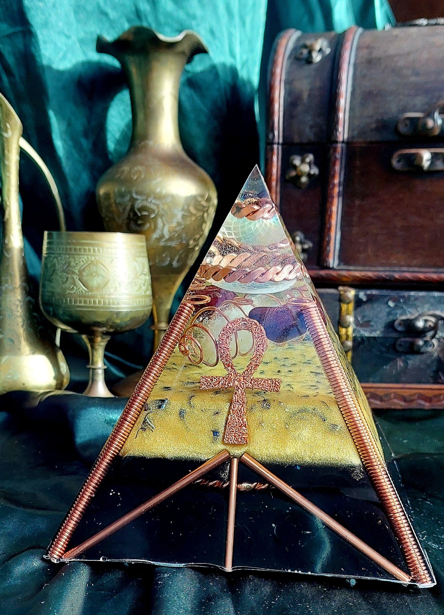 Large Quartz & Red Garnet Orgonite Pyramid with Sacred Cubit Tensor Ring
