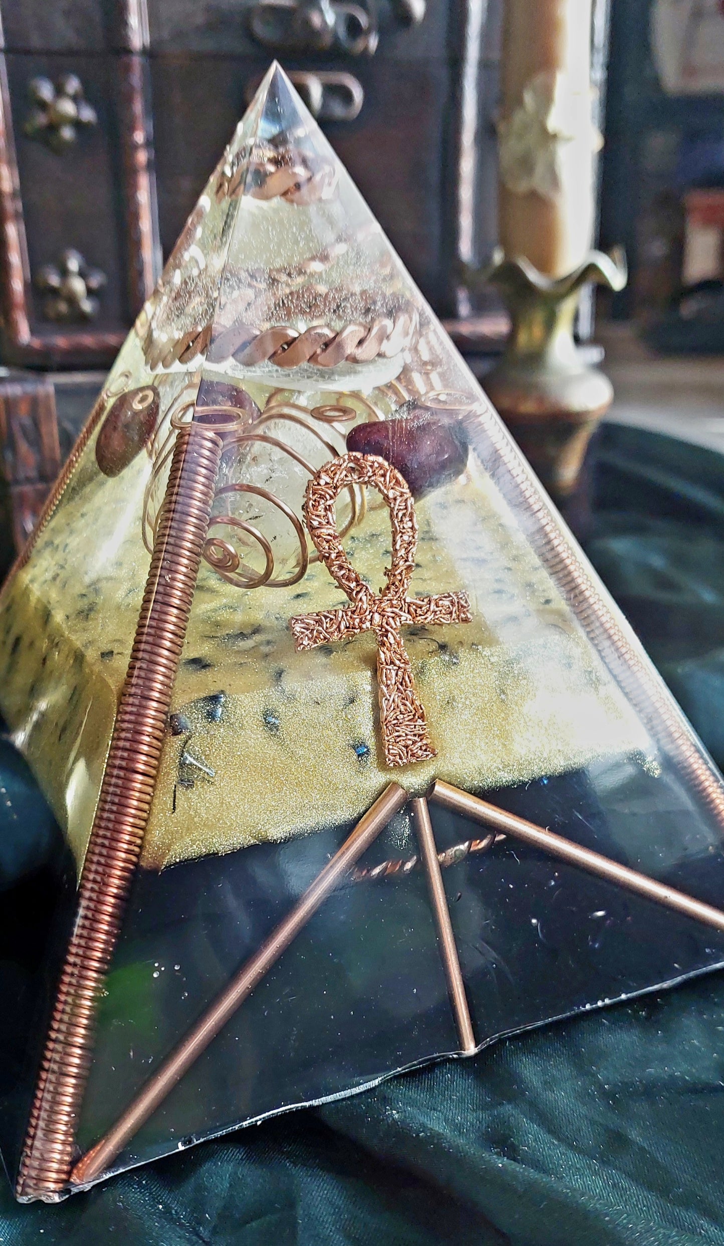 Large Quartz & Red Garnet Orgonite Pyramid with Sacred Cubit Tensor Ring
