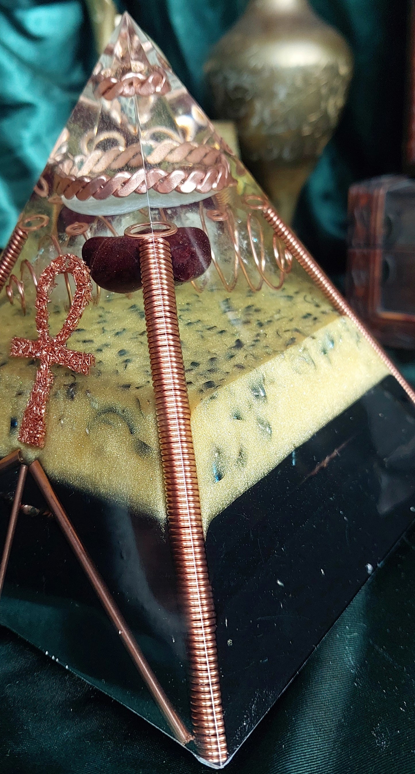 Large Quartz & Red Garnet Orgonite Pyramid with Sacred Cubit Tensor Ring