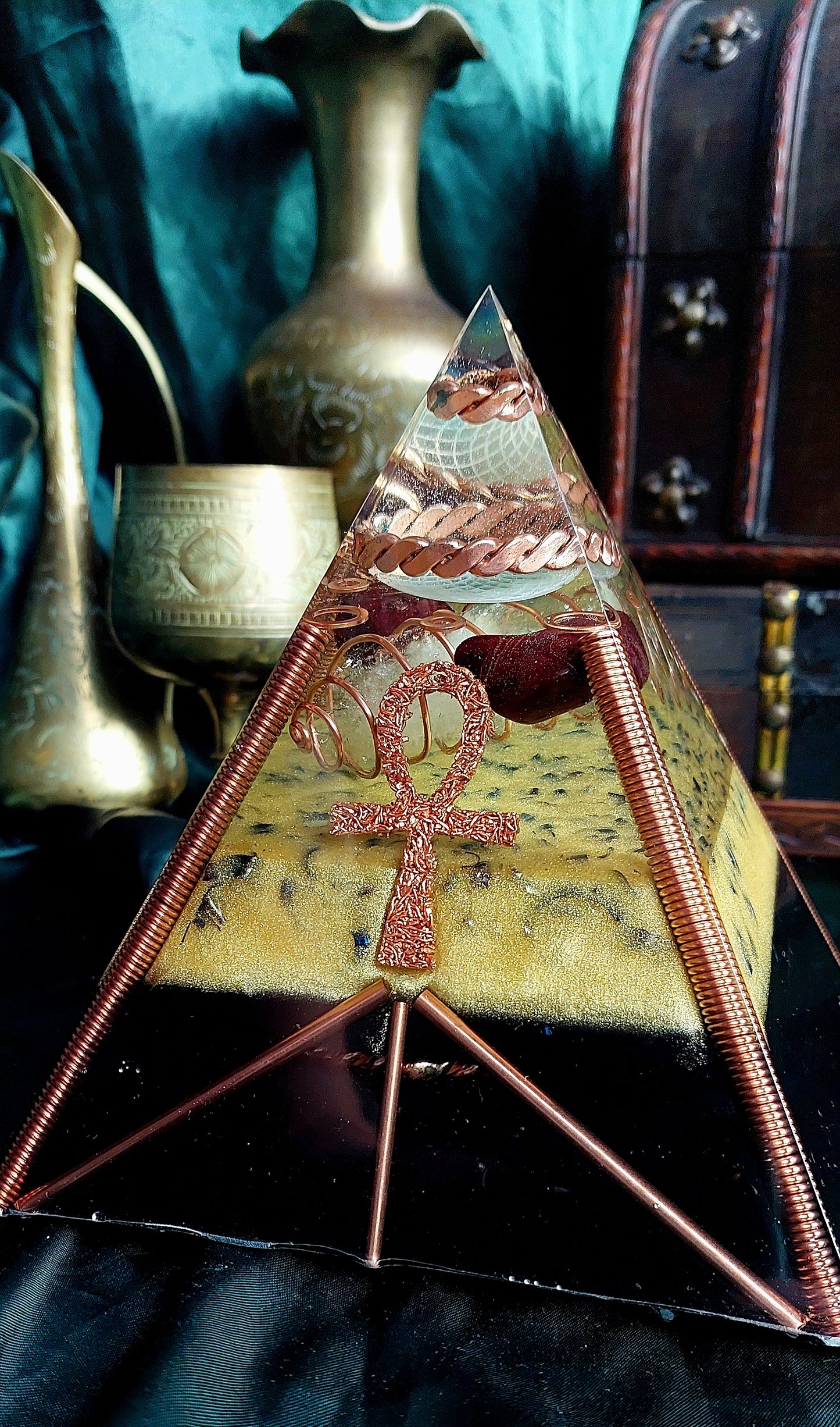 Large Quartz & Red Garnet Orgonite Pyramid with Sacred Cubit Tensor Ring
