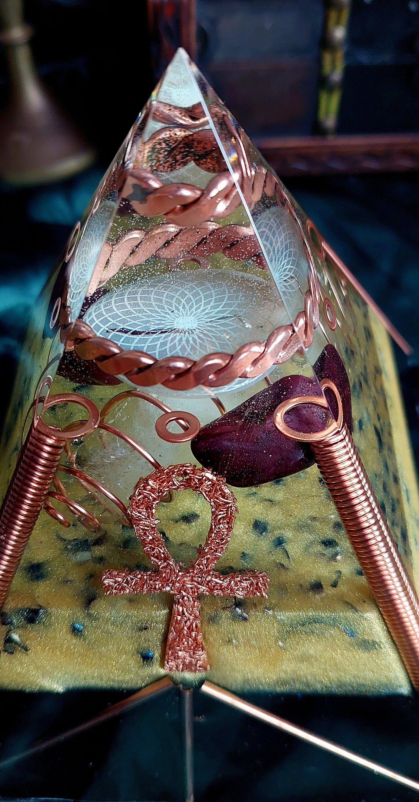 Large Quartz & Red Garnet Orgonite Pyramid with Sacred Cubit Tensor Ring