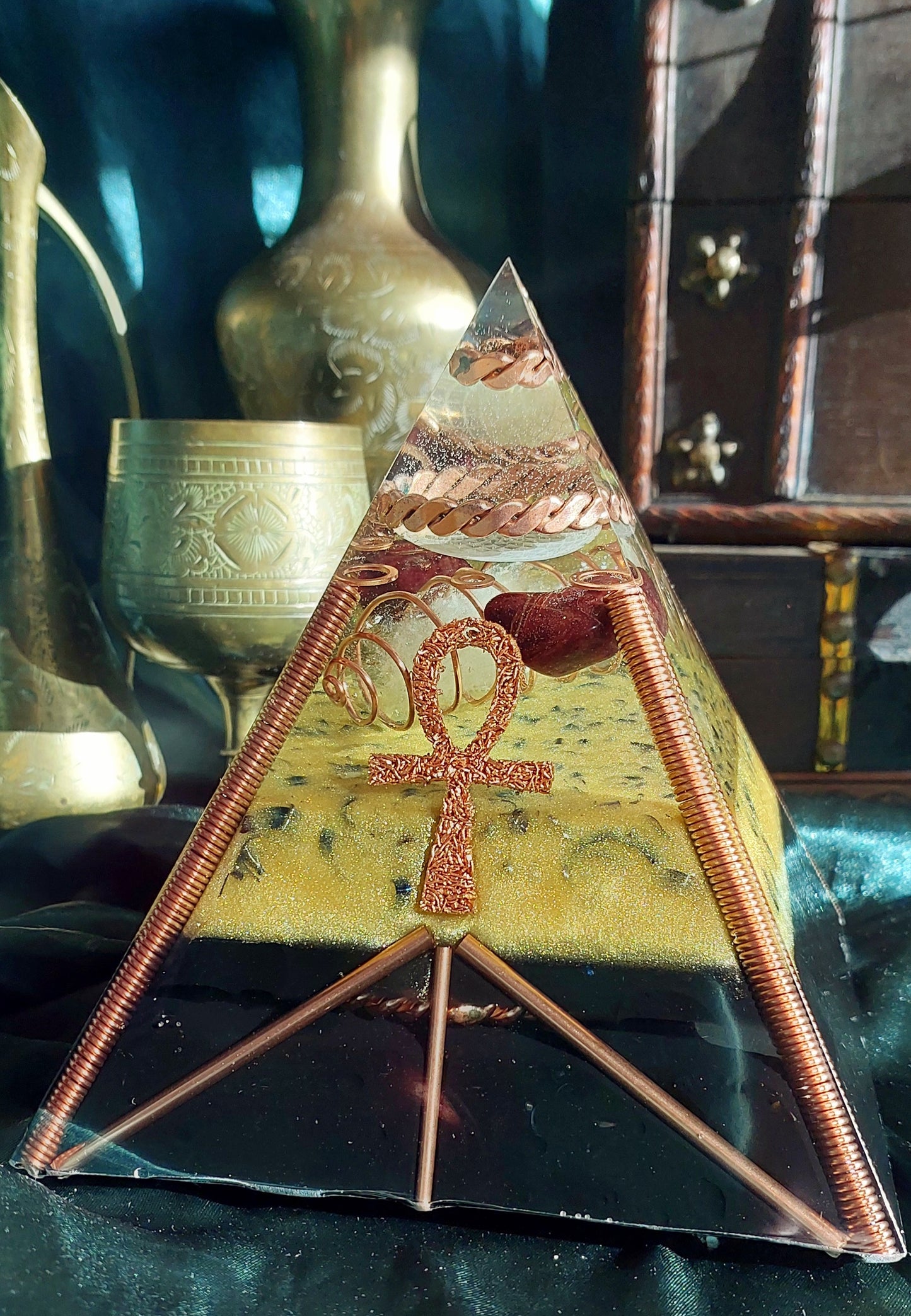 Large Quartz & Red Garnet Orgonite Pyramid with Sacred Cubit Tensor Ring