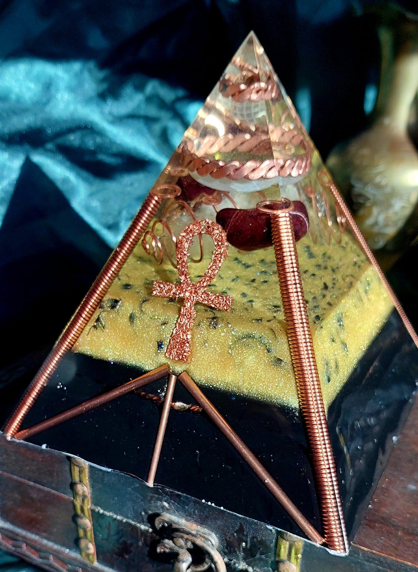 Large Quartz & Red Garnet Orgonite Pyramid with Sacred Cubit Tensor Ring