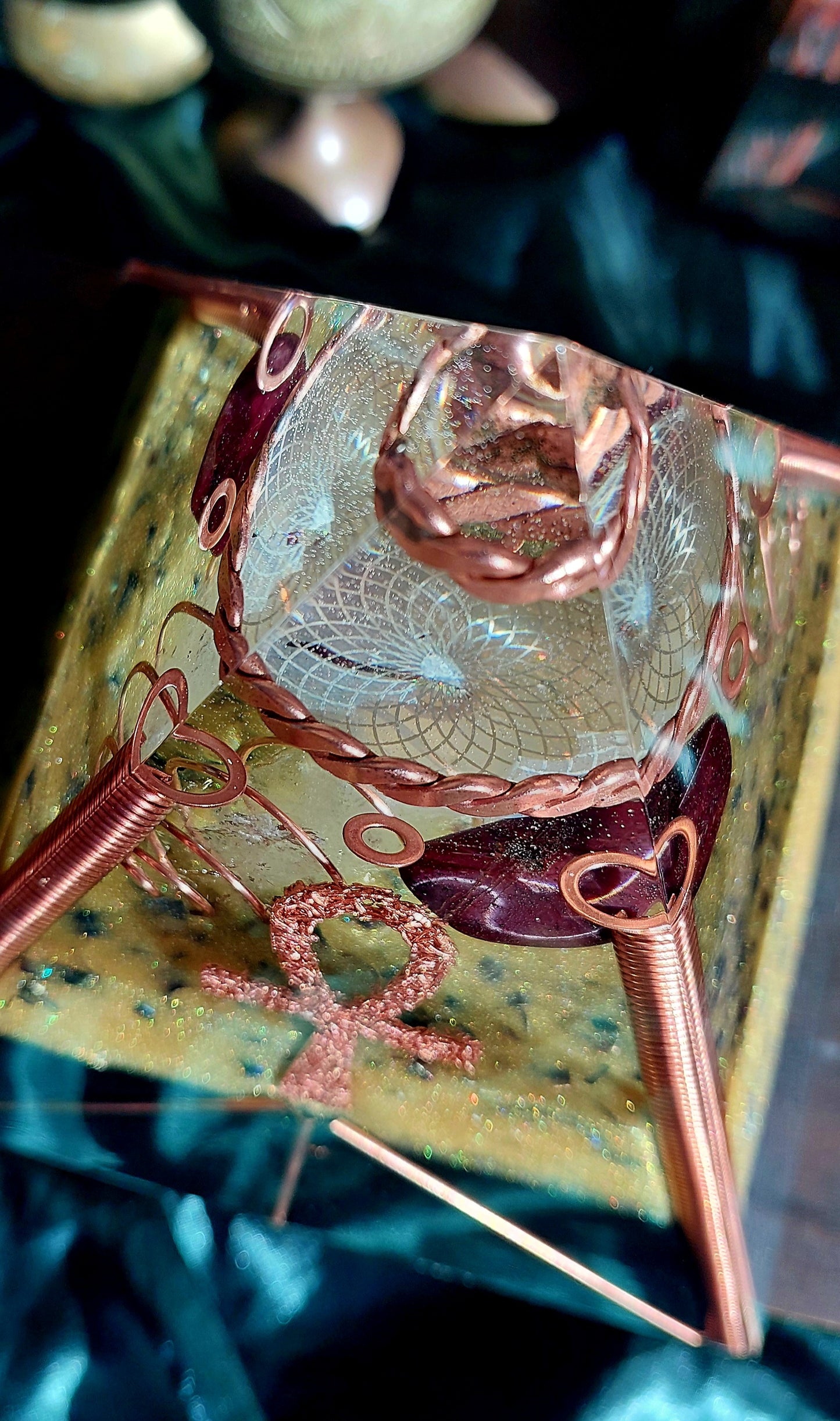 Large Quartz & Red Garnet Orgonite Pyramid with Sacred Cubit Tensor Ring
