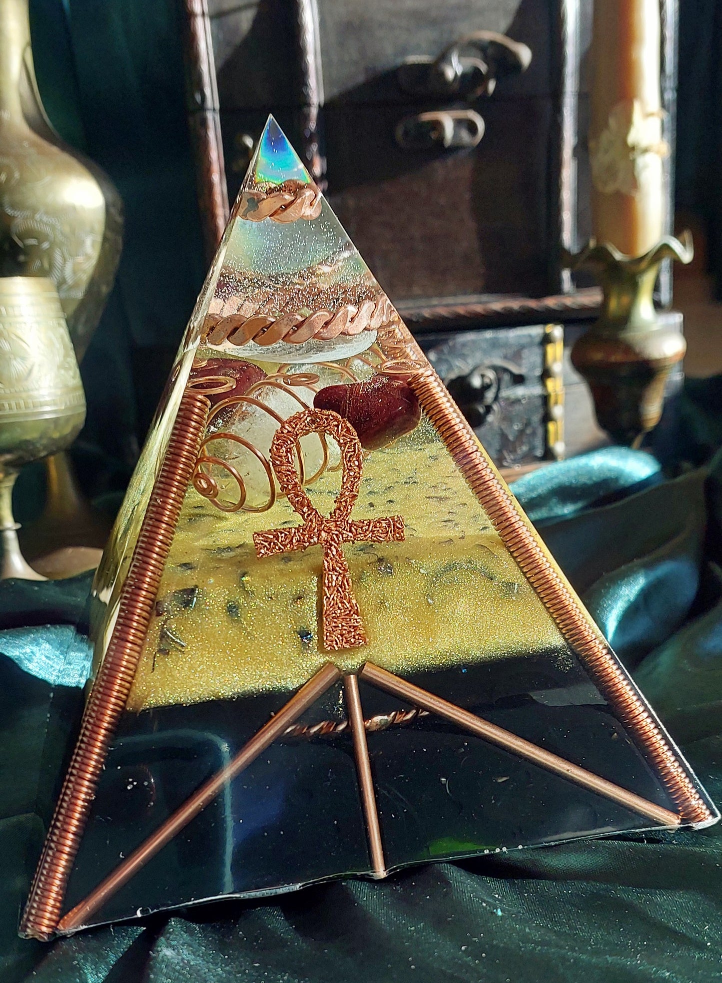 Large Quartz & Red Garnet Orgonite Pyramid with Sacred Cubit Tensor Ring