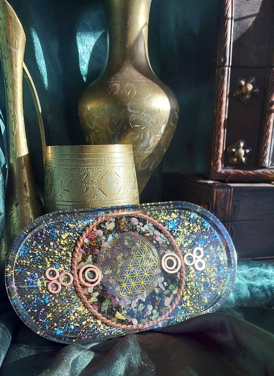 Orgonite Charging Plate with Flower of Life & Atlantis Cubit Tensor Ring - The Soulful Garden