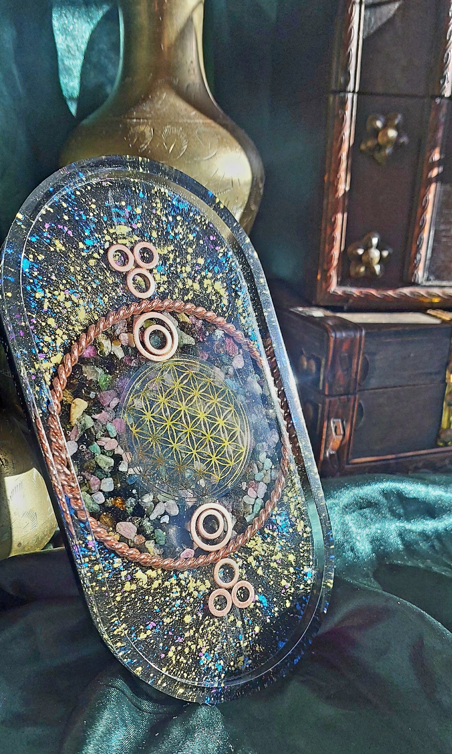 Orgonite Charging Plate with Flower of Life & Atlantis Cubit Tensor Ring