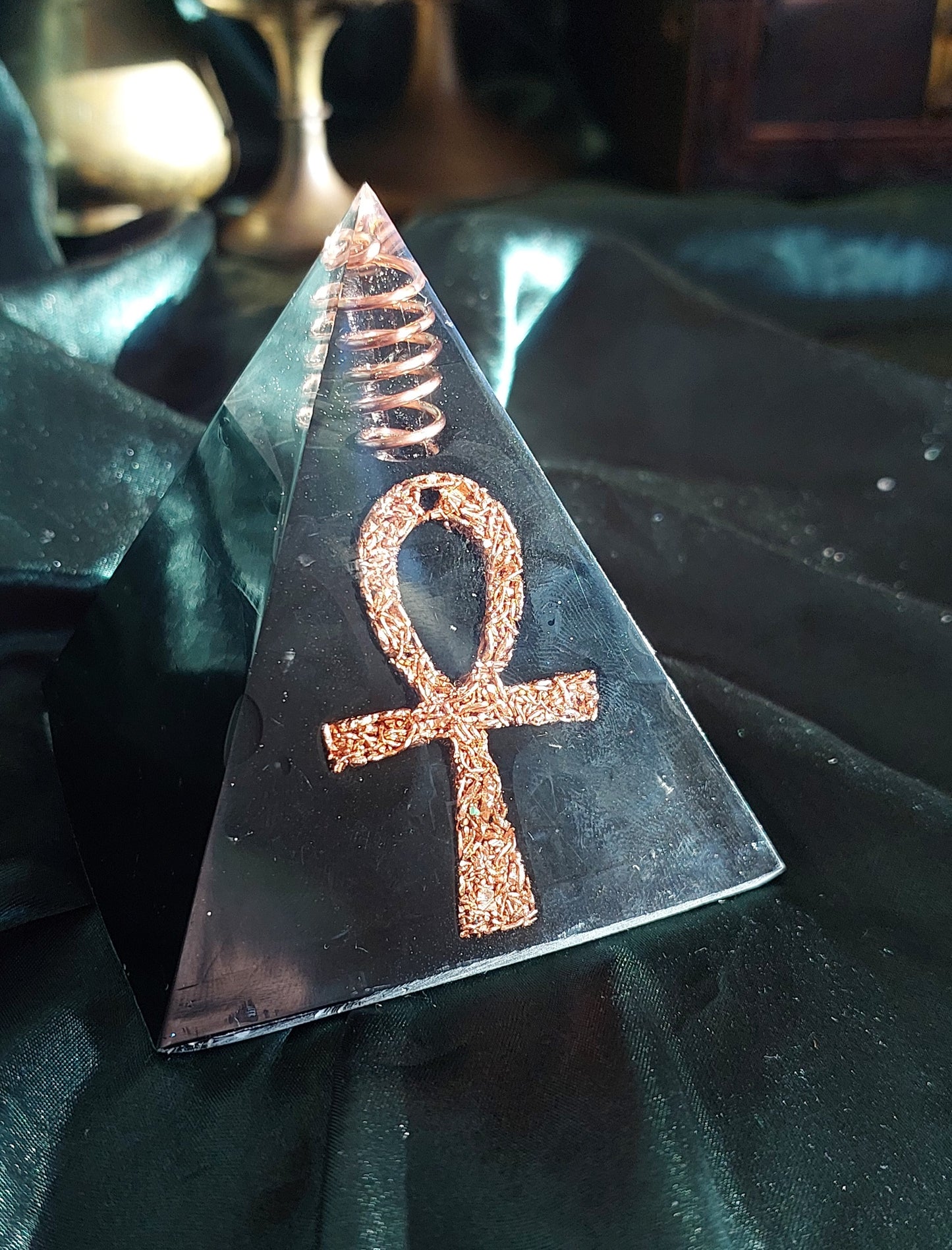 Mini Ankh Shungite Orgonite Pyramid with Copper Wrapped Quartz