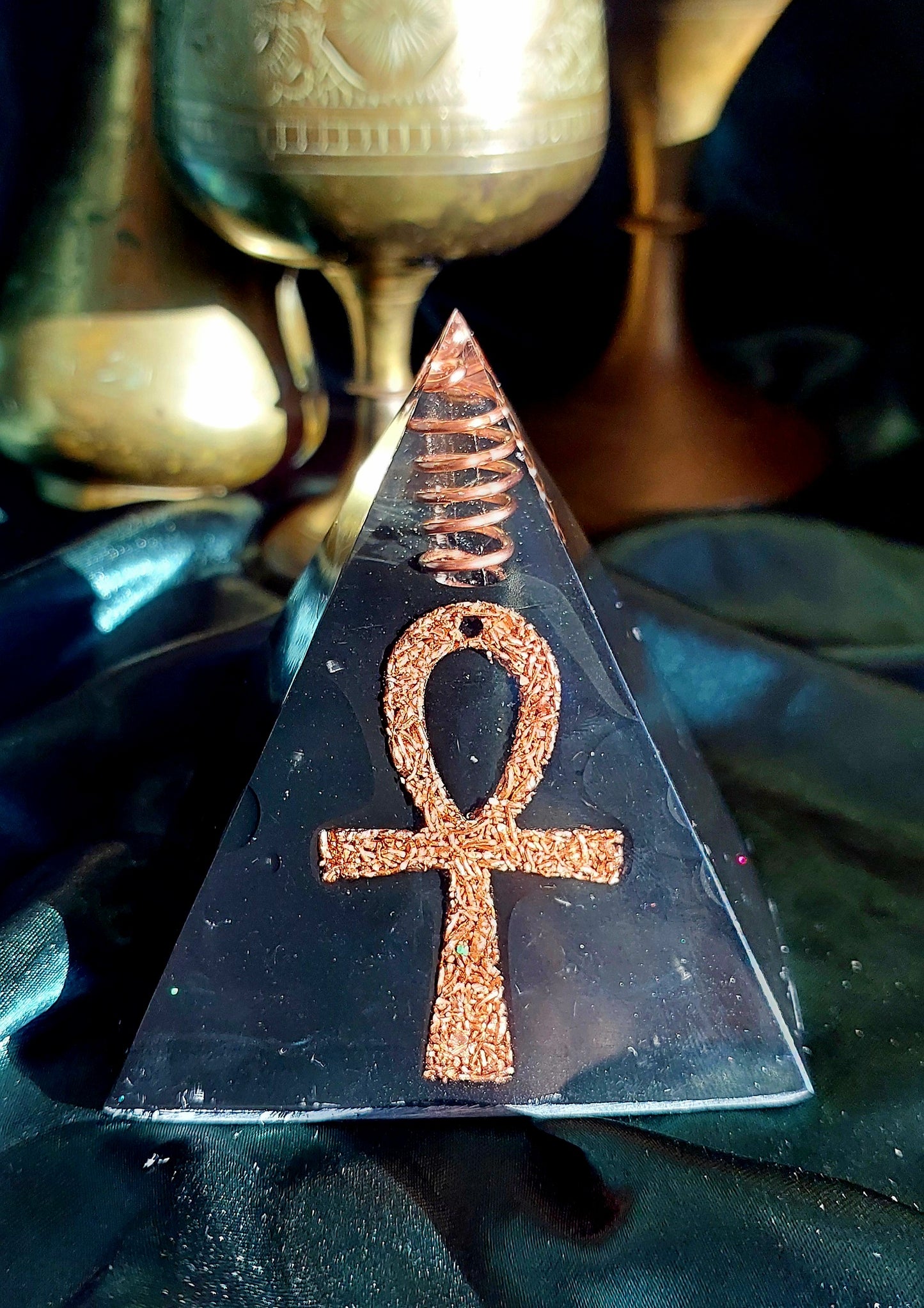 Mini Ankh Shungite Orgonite Pyramid with Copper Wrapped Quartz