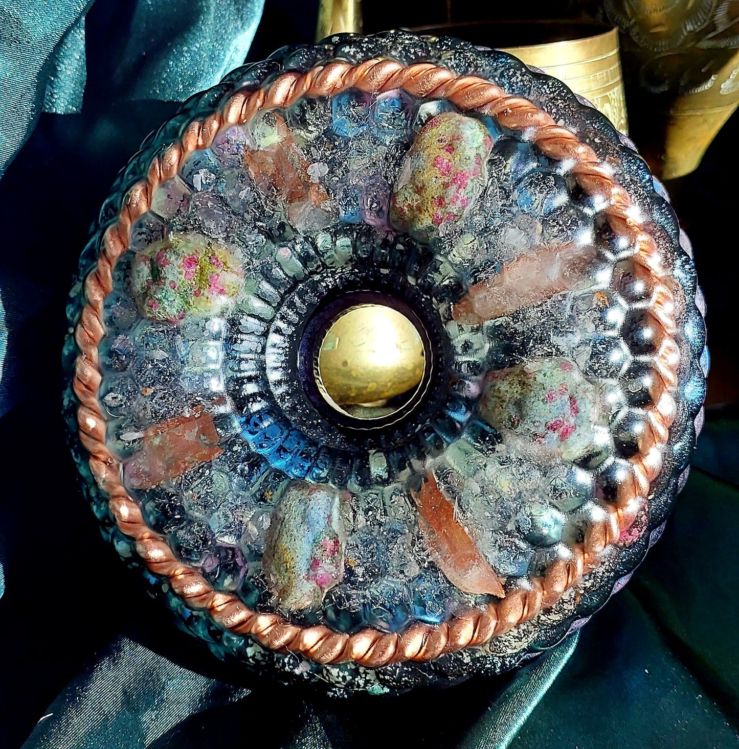 Large Dragon Vortex Orgonite Wheel with Lithium Quartz, Unakite & Sacred Cubit Tensor Ring