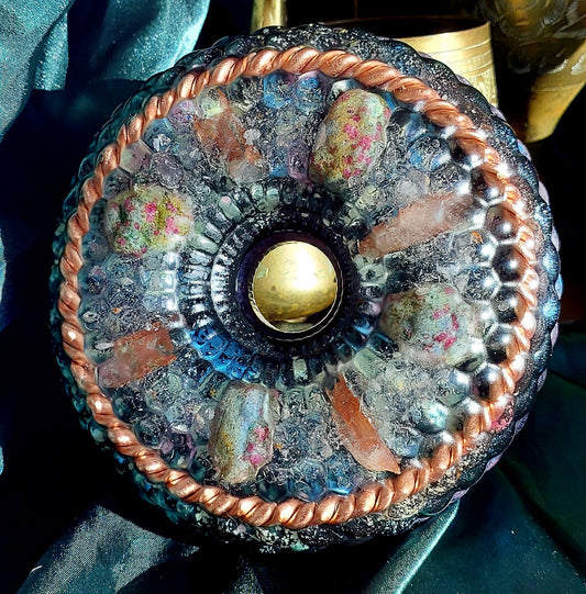 Large Dragon Vortex Orgonite Wheel with Lithium Quartz, Unakite & Sacred Cubit Tensor Ring - The Soulful Garden