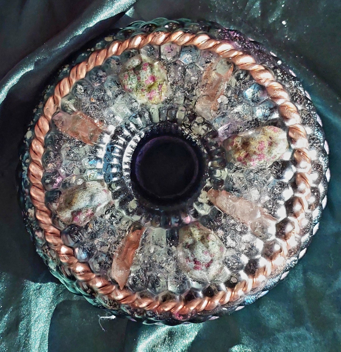 Large Dragon Vortex Orgonite Wheel with Lithium Quartz, Unakite & Sacred Cubit Tensor Ring