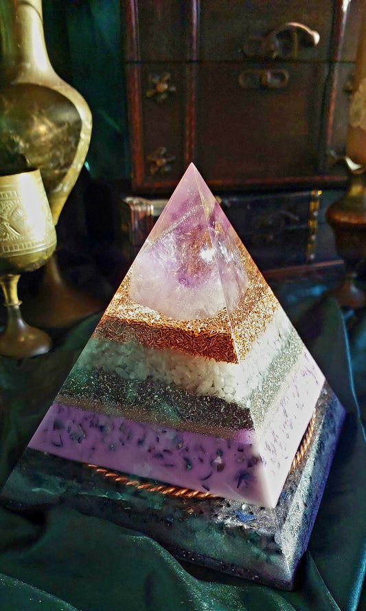 Large Amethyst Orgonite Pyramid with Sacred Cubit Tensor Ring - The Soulful Garden