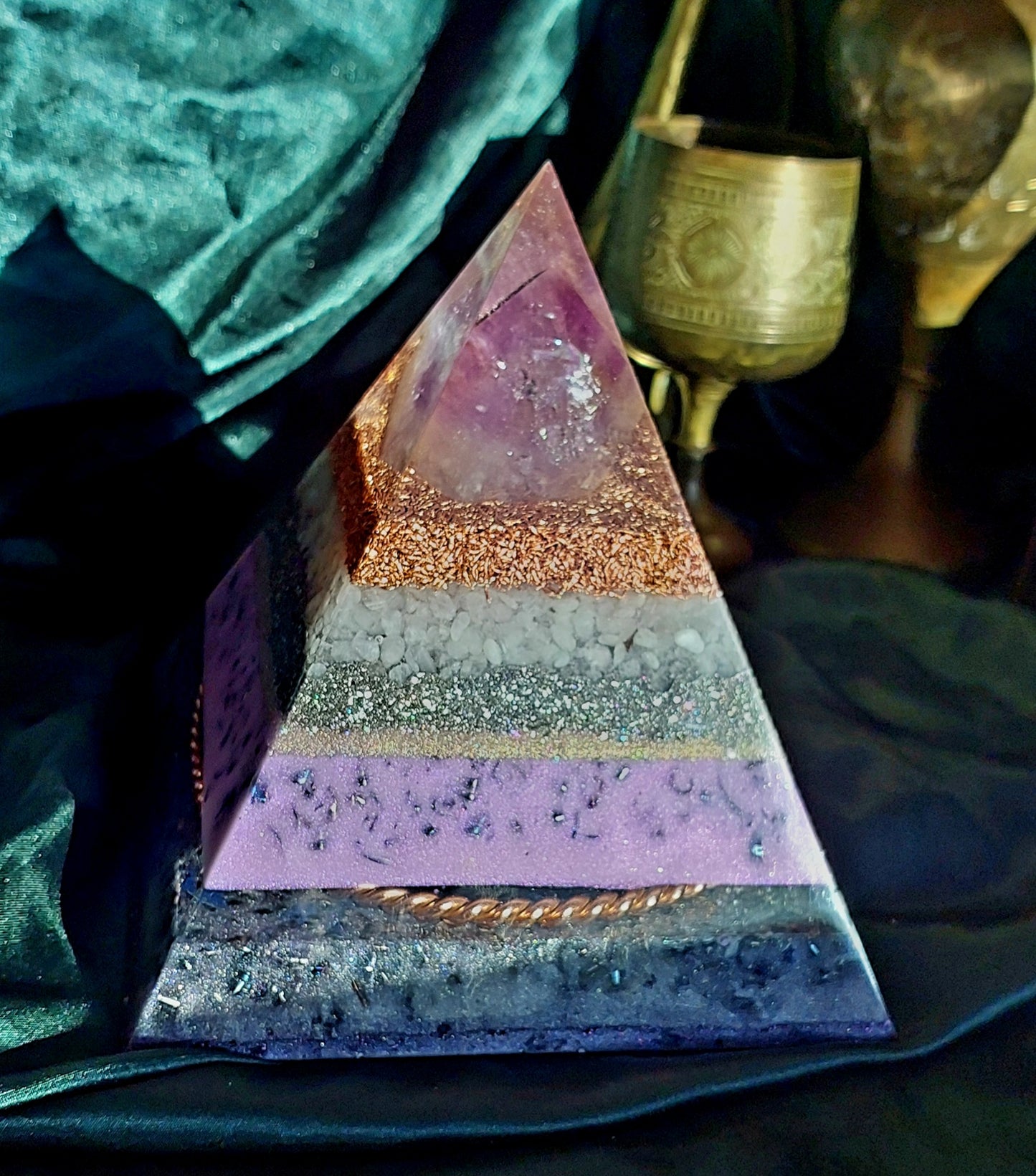Large Amethyst Orgonite Pyramid with Sacred Cubit Tensor Ring