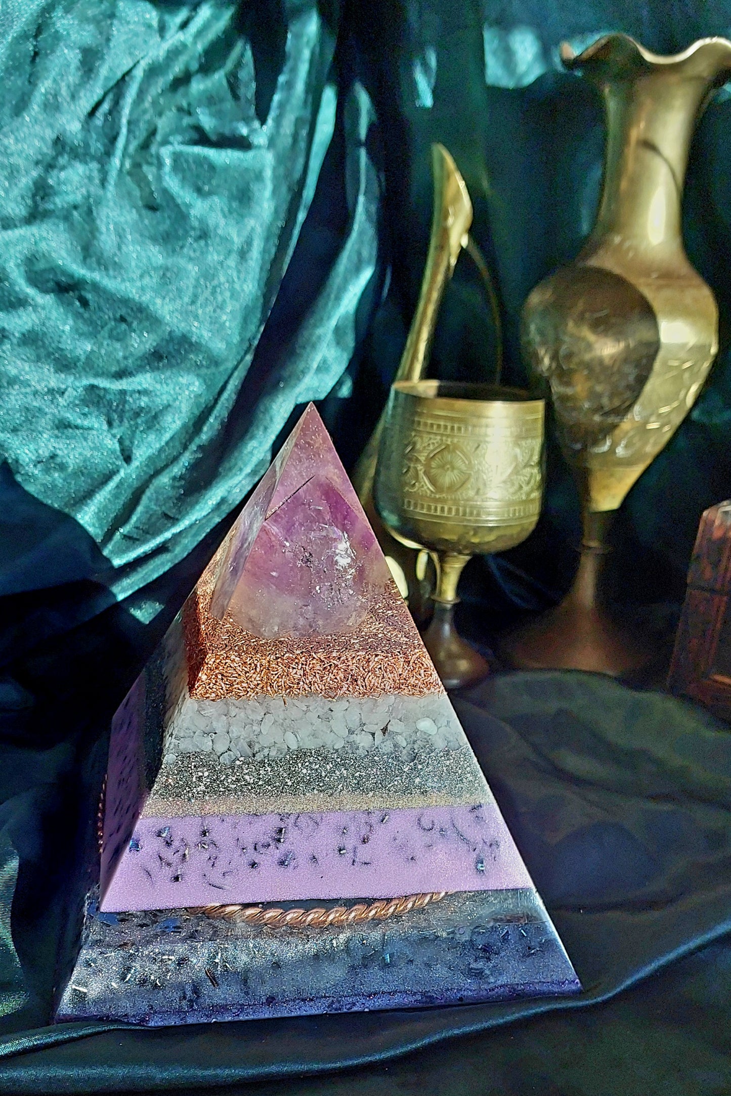 Large Amethyst Orgonite Pyramid with Sacred Cubit Tensor Ring
